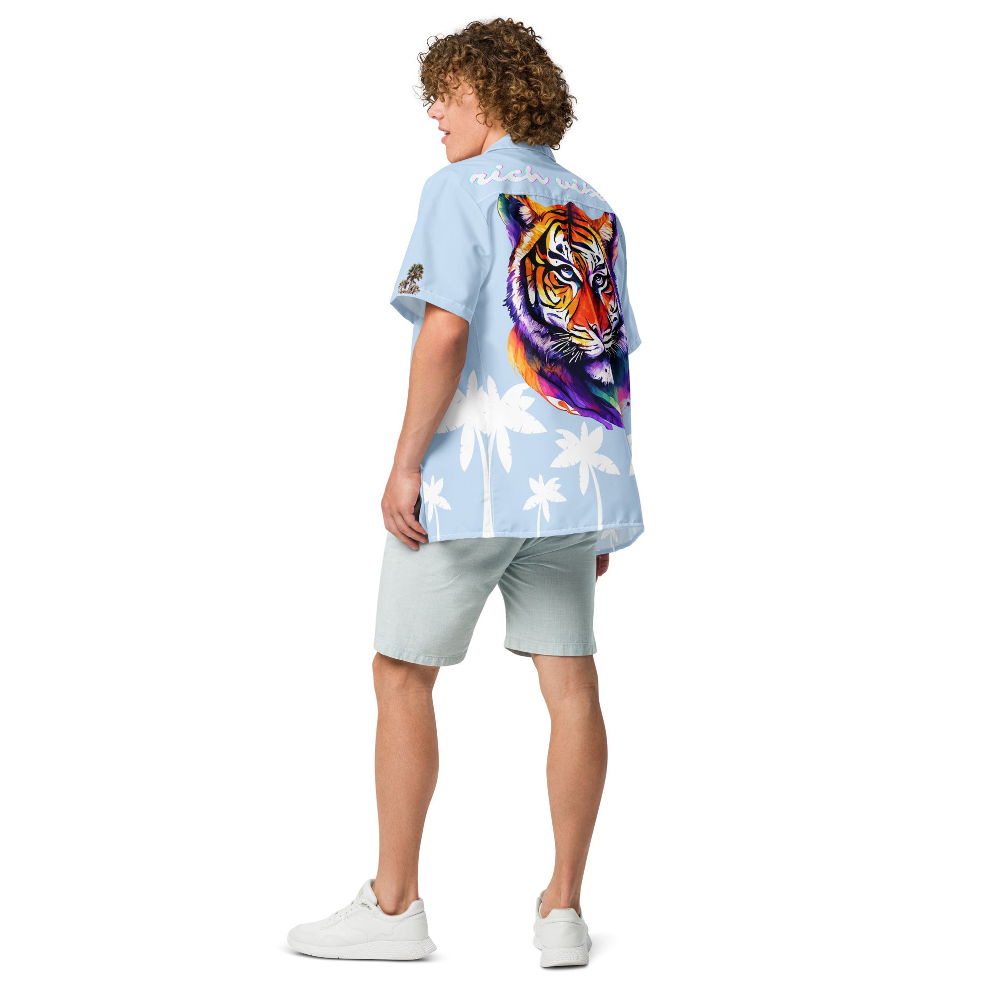Rich Vibes Tropical Sky Blue&White Palms Jungle Tiger - Unisex button shirt w/ white button