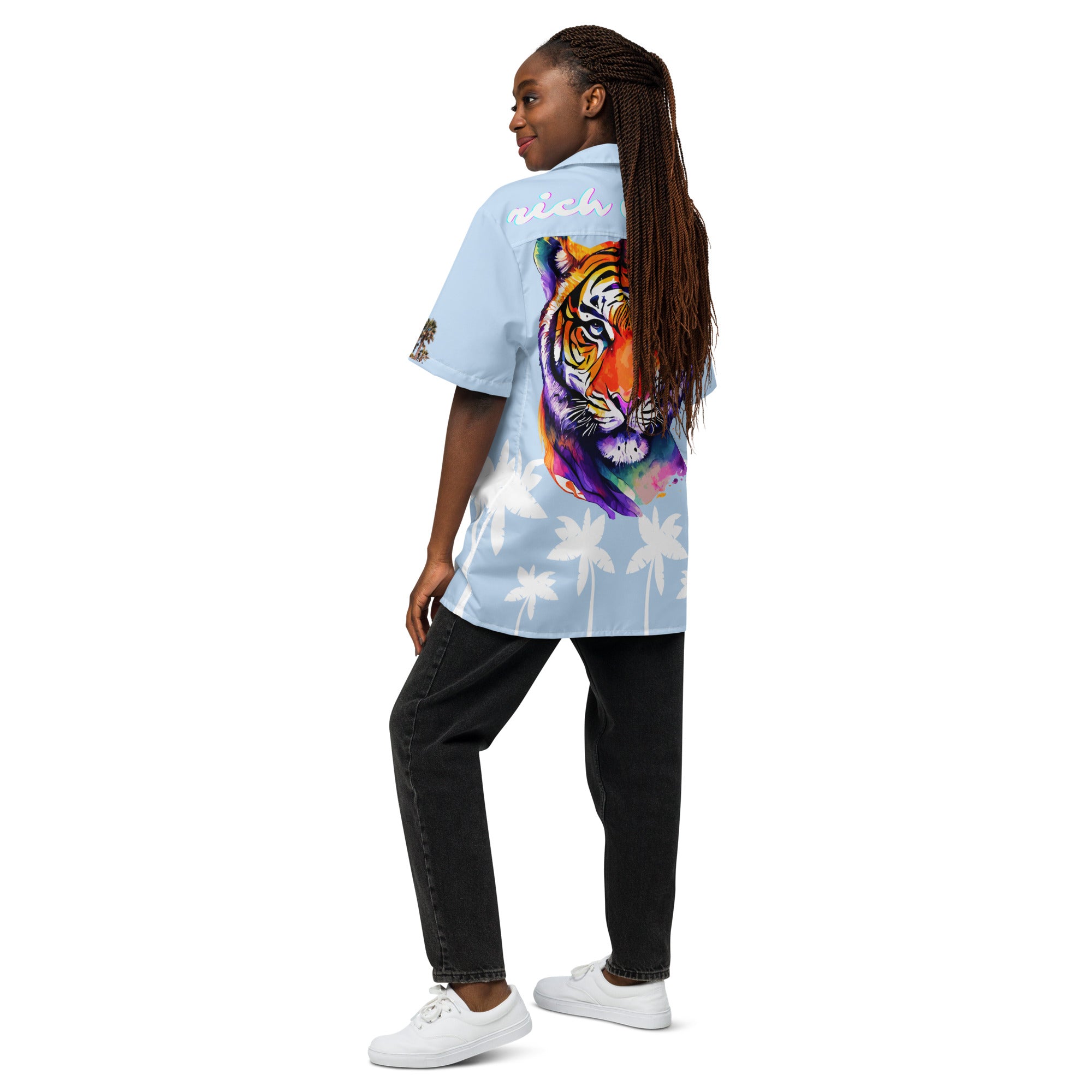 Rich Vibes Tropical Sky Blue&White Palms Jungle Tiger - Unisex button shirt w/ white button