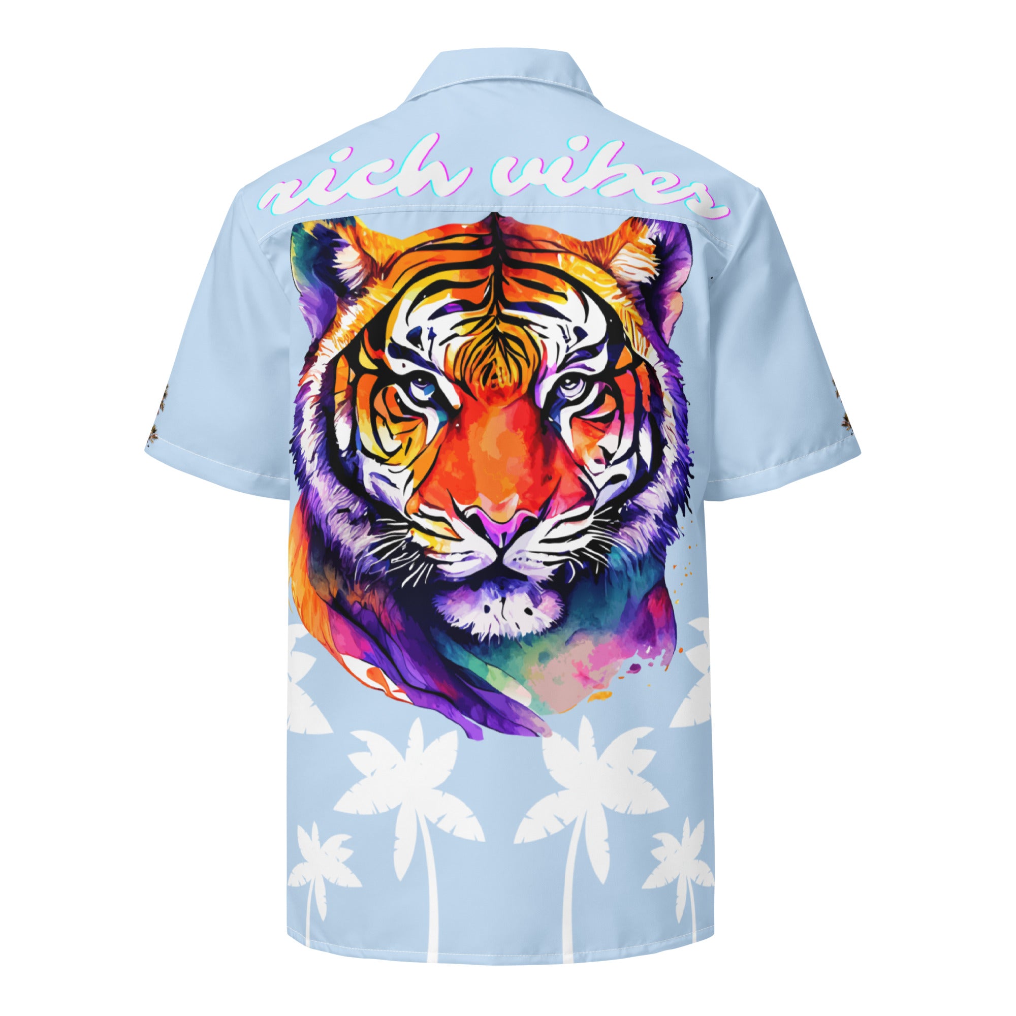Rich Vibes Tropical Sky Blue&White Palms Jungle Tiger - Unisex button shirt w/ white button