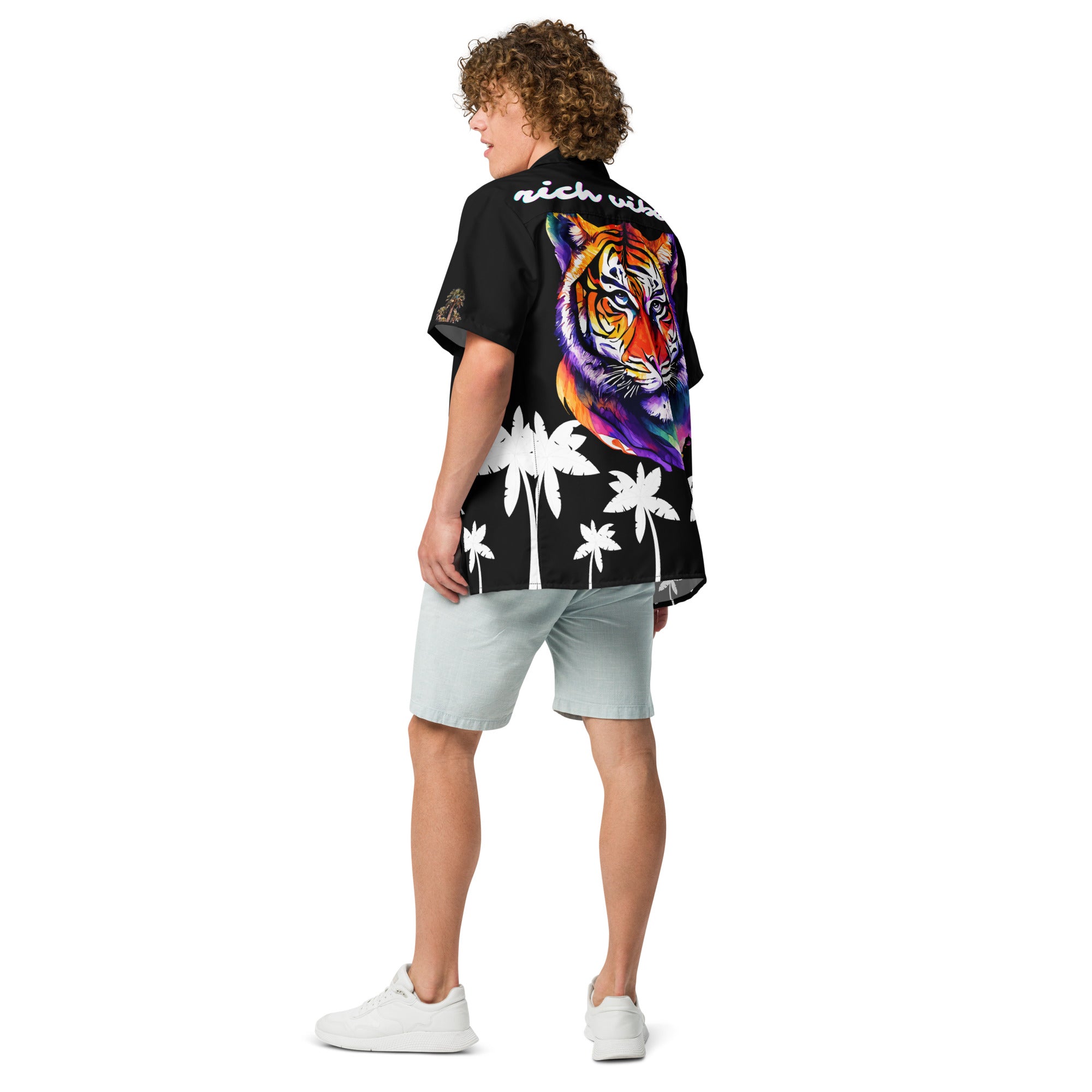 Rich Vibes RR Tropical Black&White Palms Jungle Tiger - Unisex button shirt w/ black button