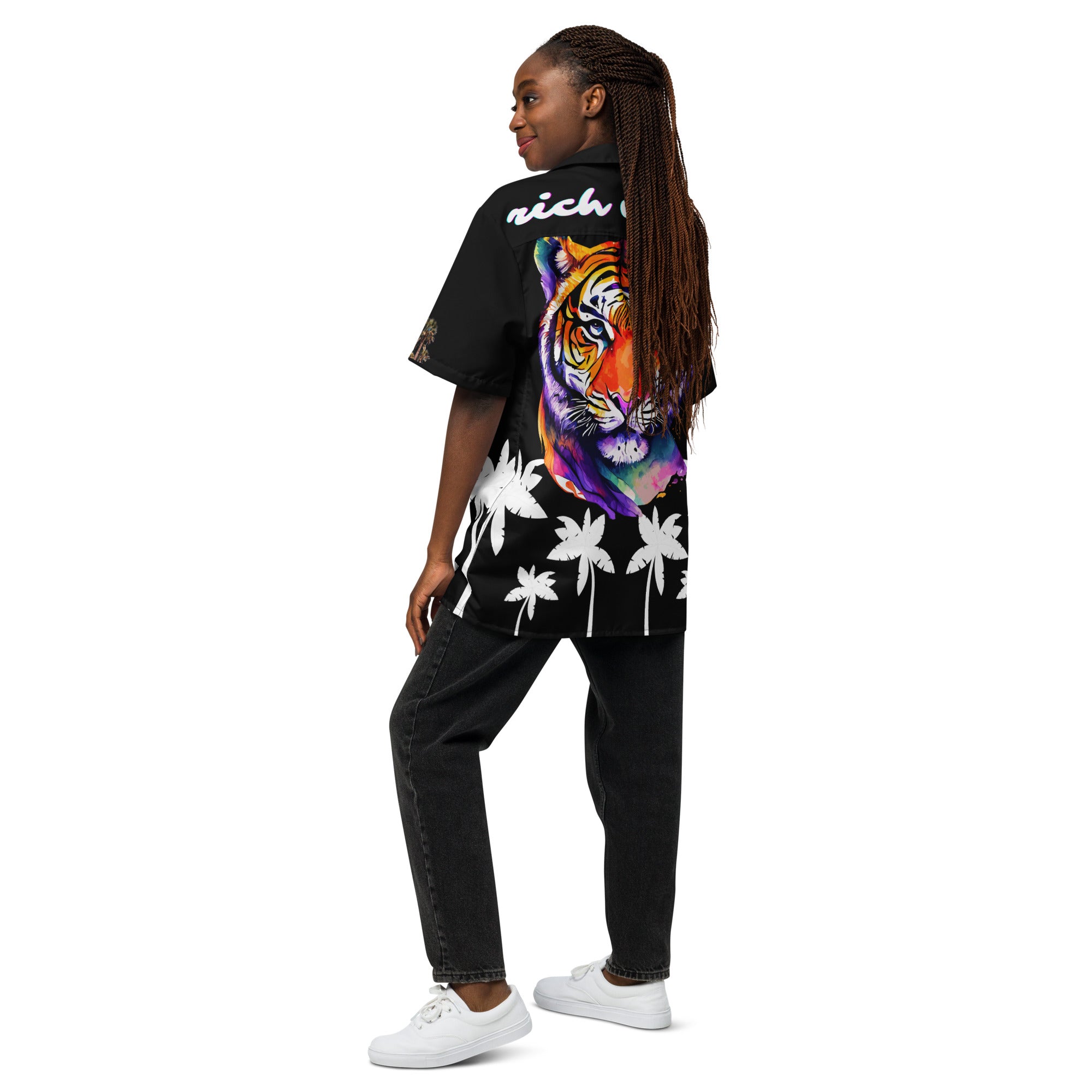 Rich Vibes RR Tropical Black&White Palms Jungle Tiger - Unisex button shirt w/ black button