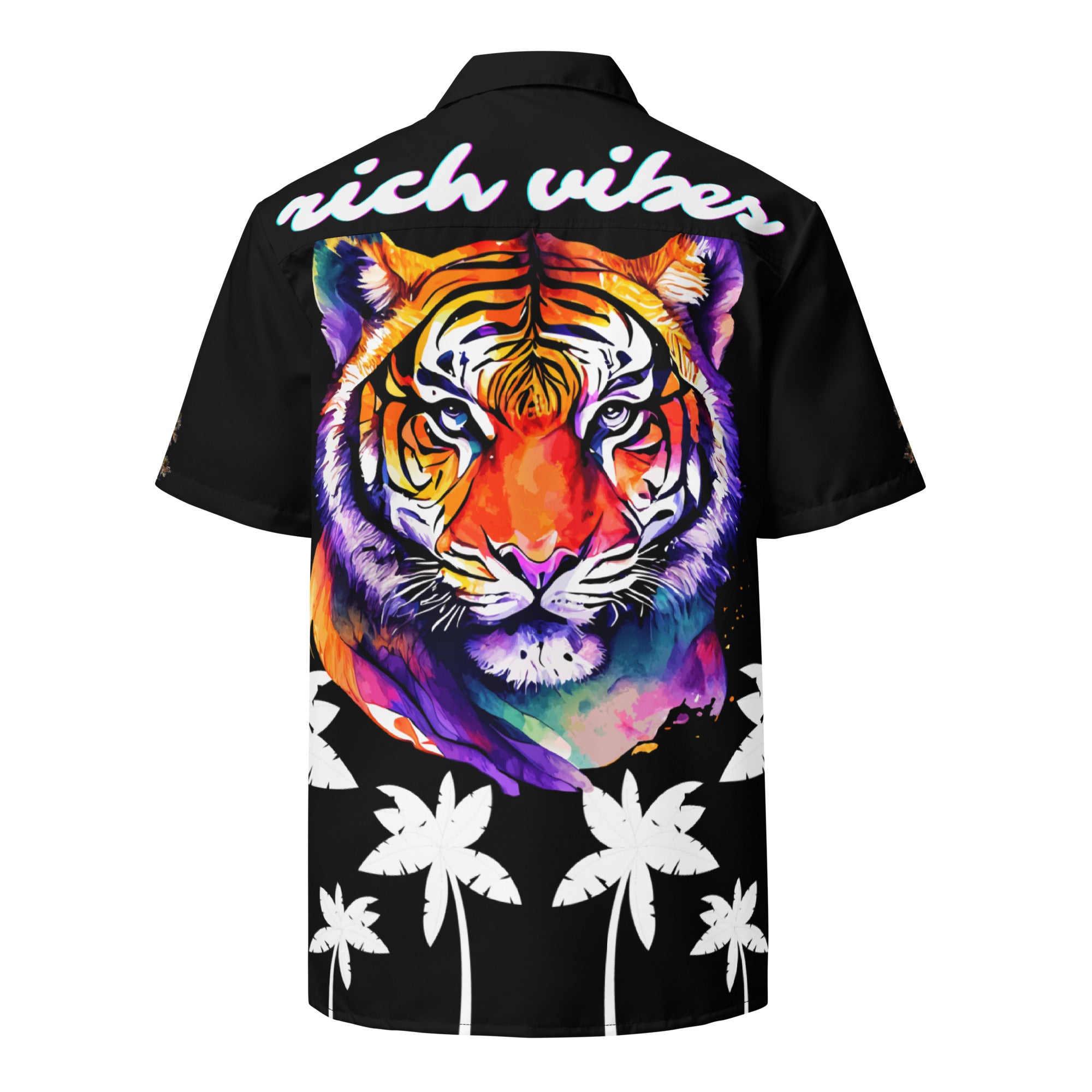 Rich Vibes RR Tropical Black&White Palms Jungle Tiger - Unisex button shirt w/ black button