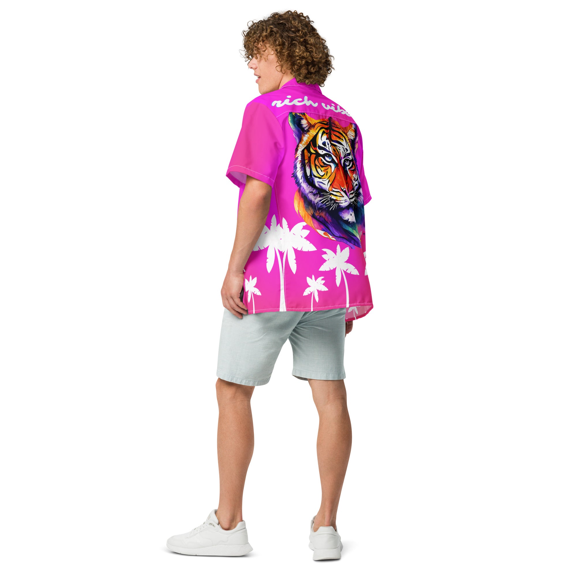 Rich Vibes Tropical Pink White Palms Jungle Tiger - Unisex button shirt