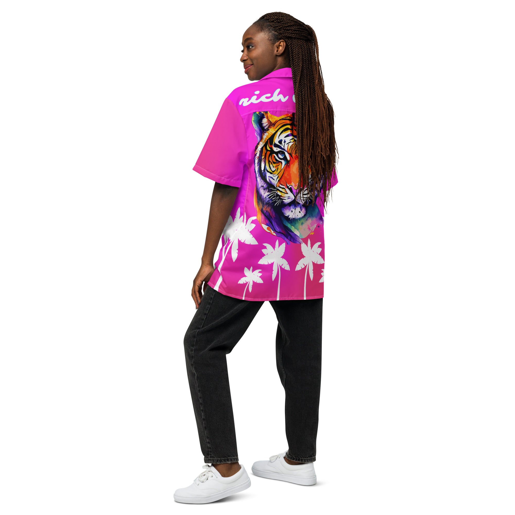 Rich Vibes Tropical Pink White Palms Jungle Tiger - Unisex button shirt