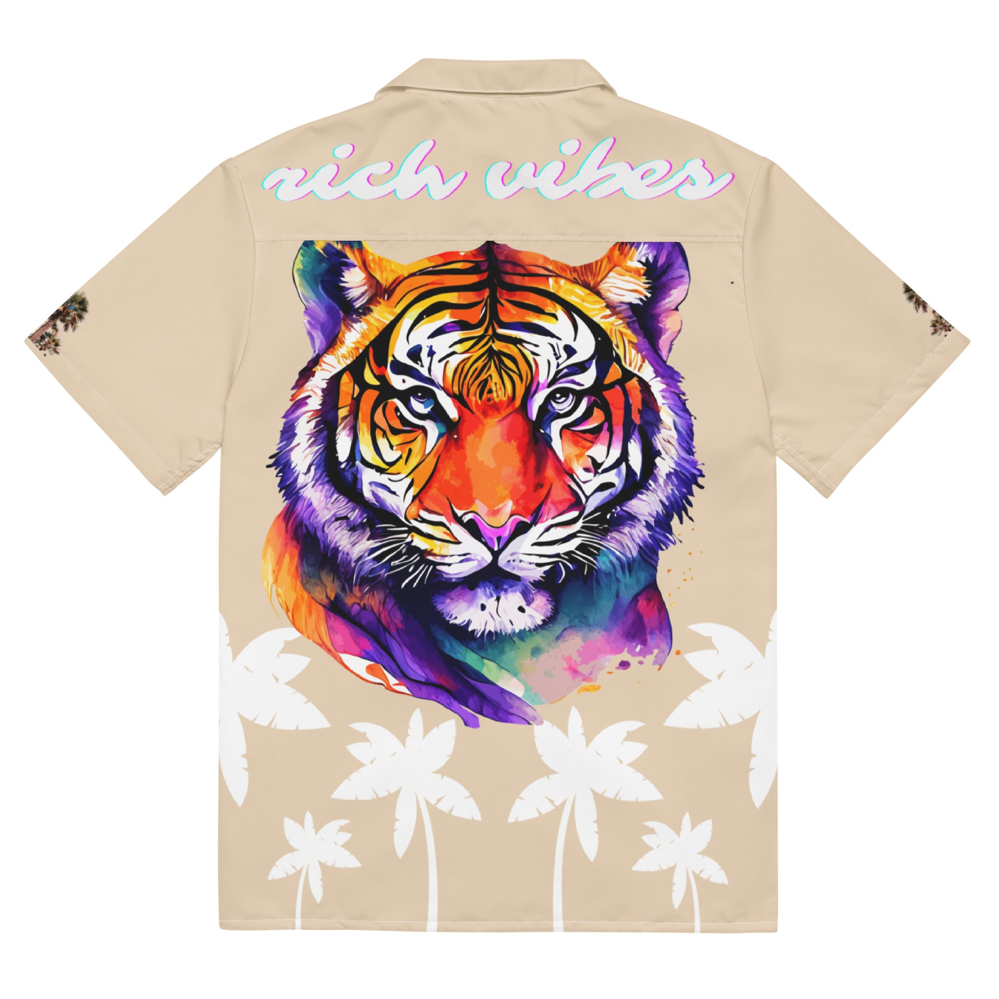 Rich Vibes Tropical Khaki&White Palms Jungle Tiger - Unisex button shirt w/ white button