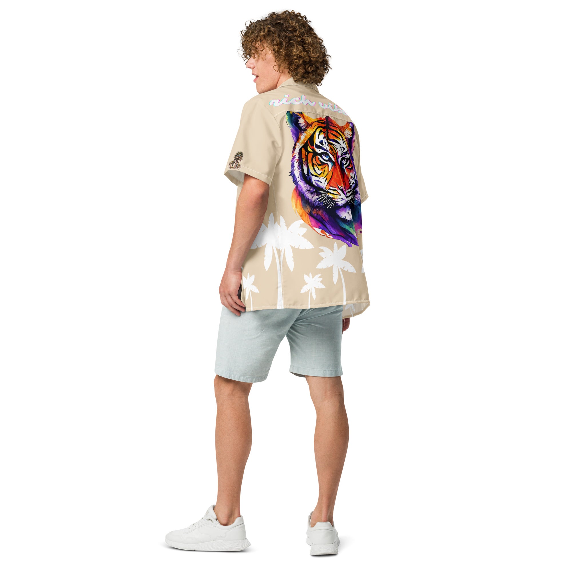 Rich Vibes Tropical Khaki&White Palms Jungle Tiger - Unisex button shirt w/ white button