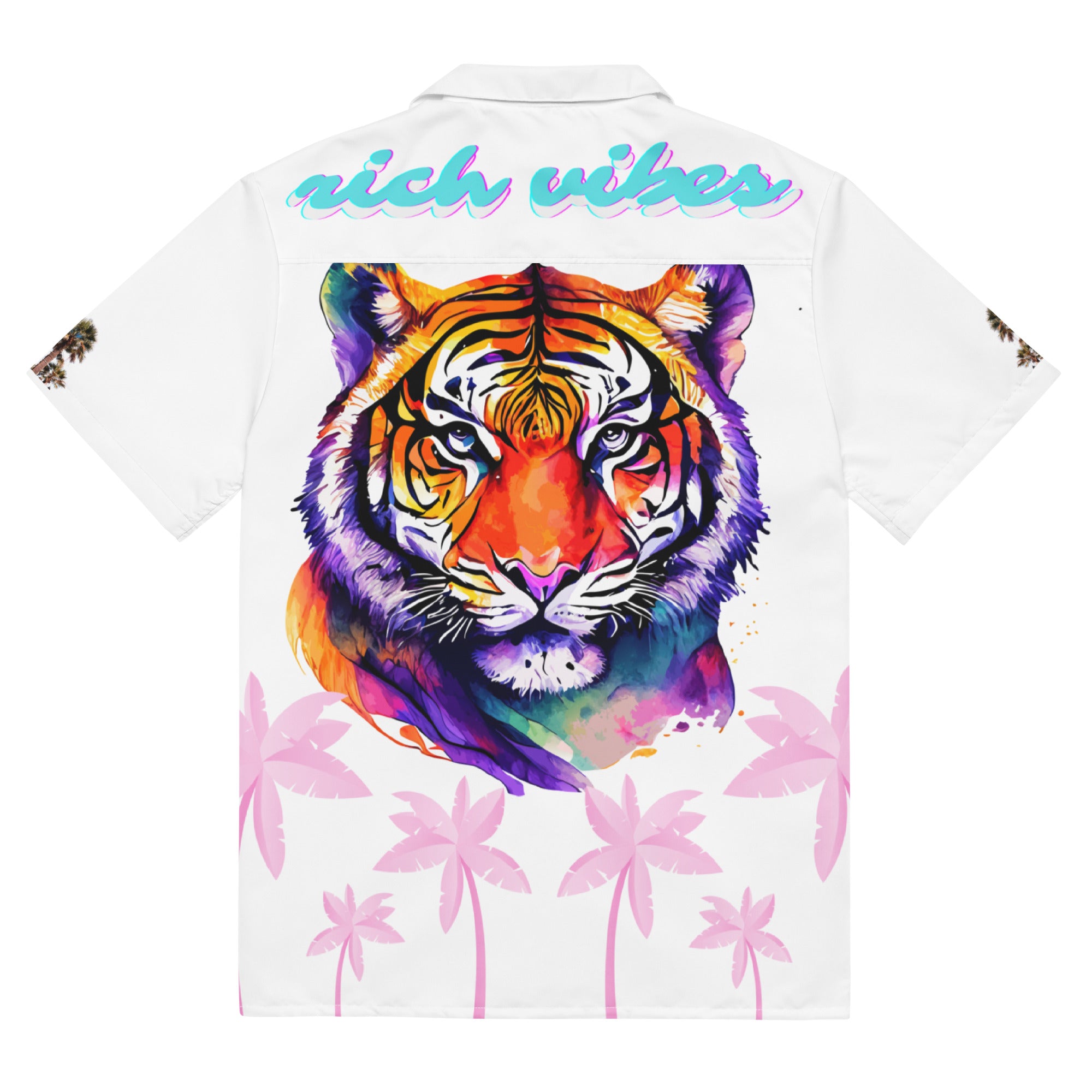 Rich Vibes Tropical White on White Palms Jungle Tiger - Unisex button shirt w/ white button