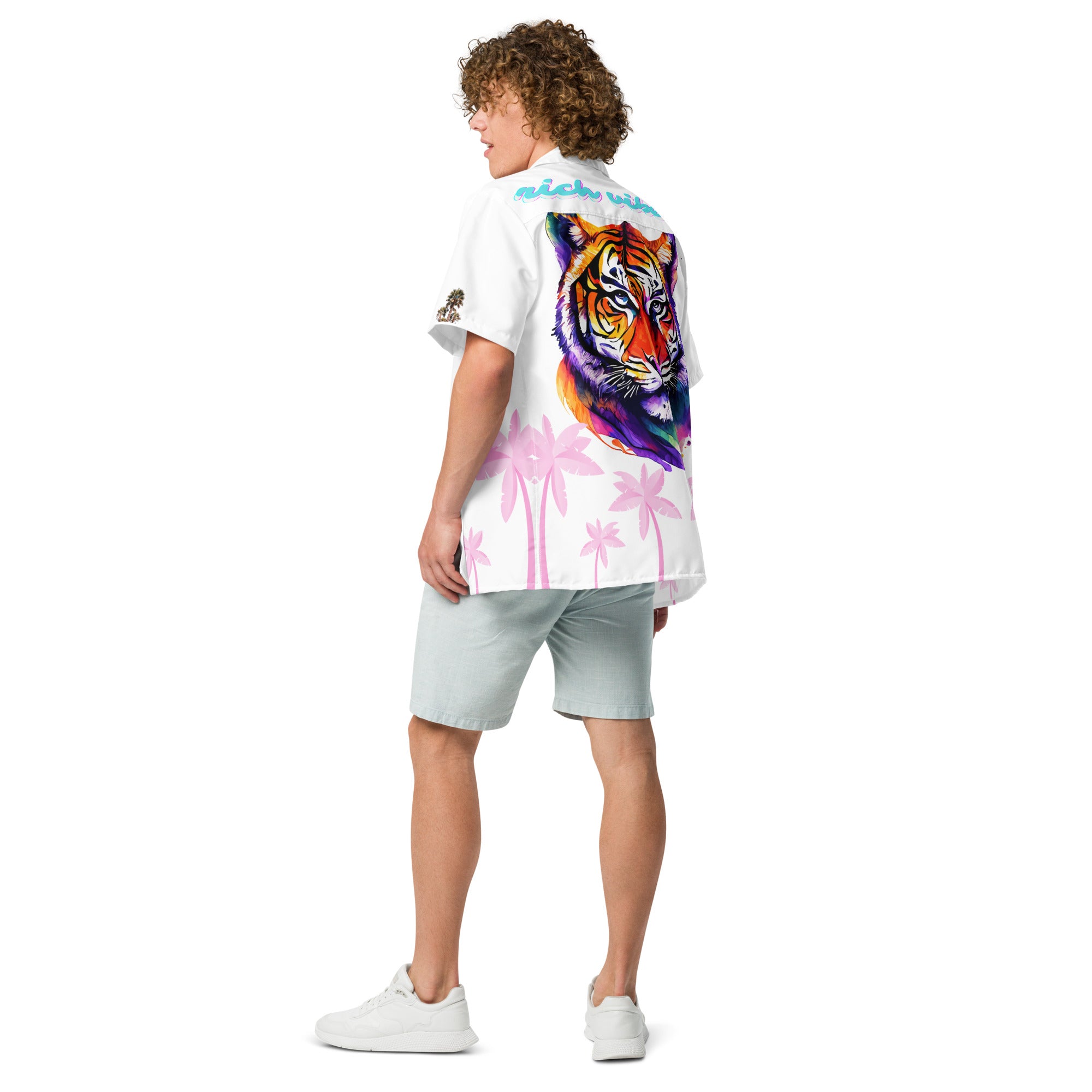 Rich Vibes Tropical White on White Palms Jungle Tiger - Unisex button shirt w/ white button