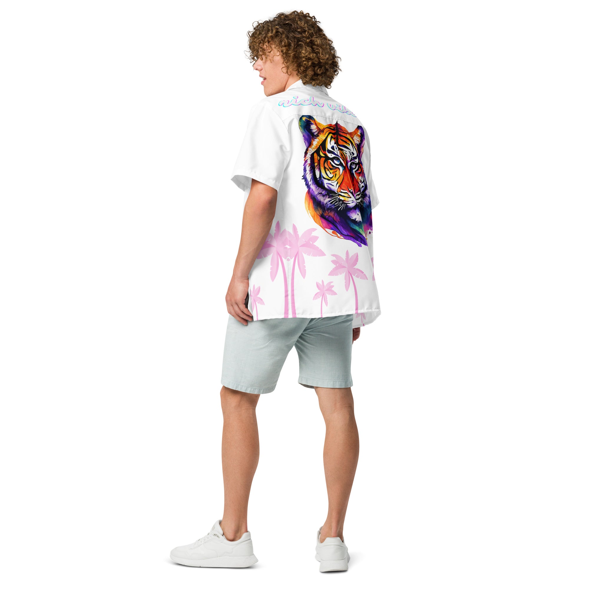 Rich Vibes Tropical Tiger Pink Palms Jungle - Unisex button shirt w/ white button