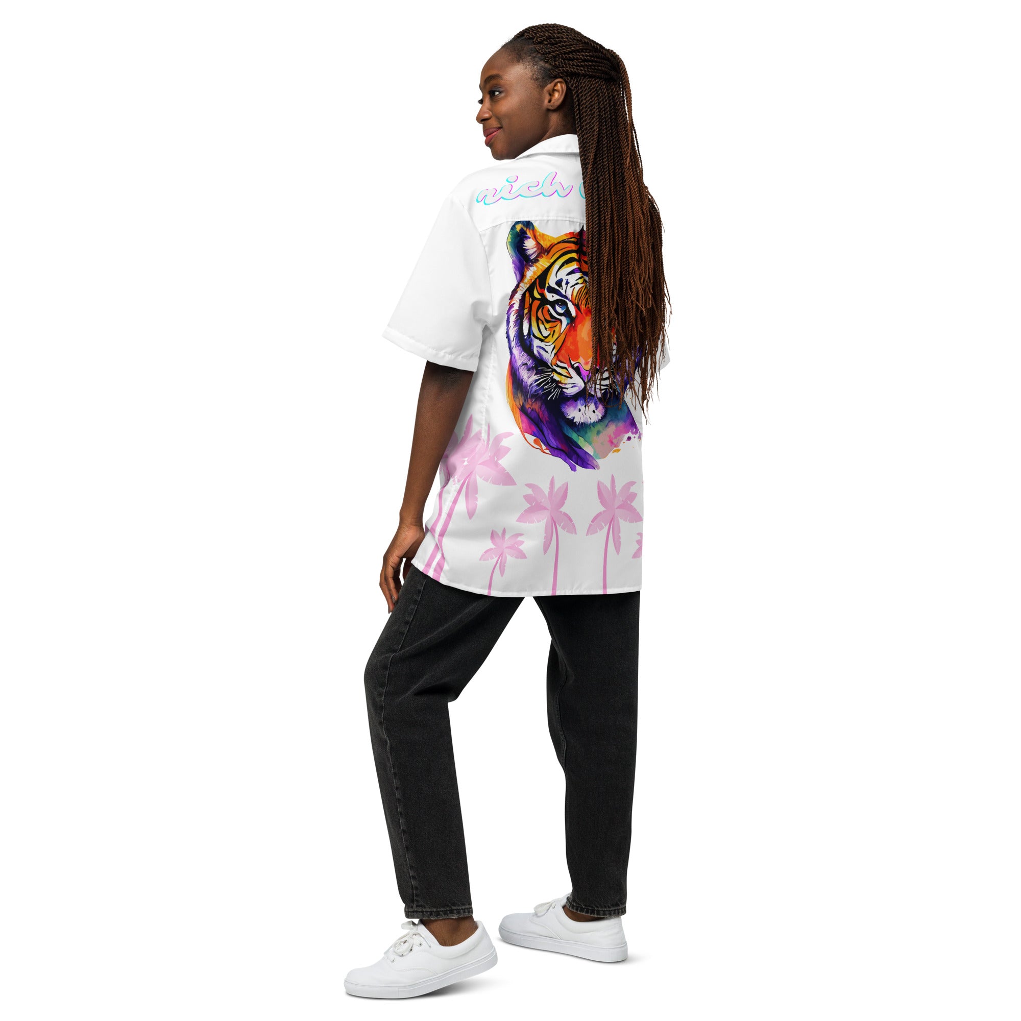 Rich Vibes Tropical Tiger Pink Palms Jungle - Unisex button shirt w/ white button