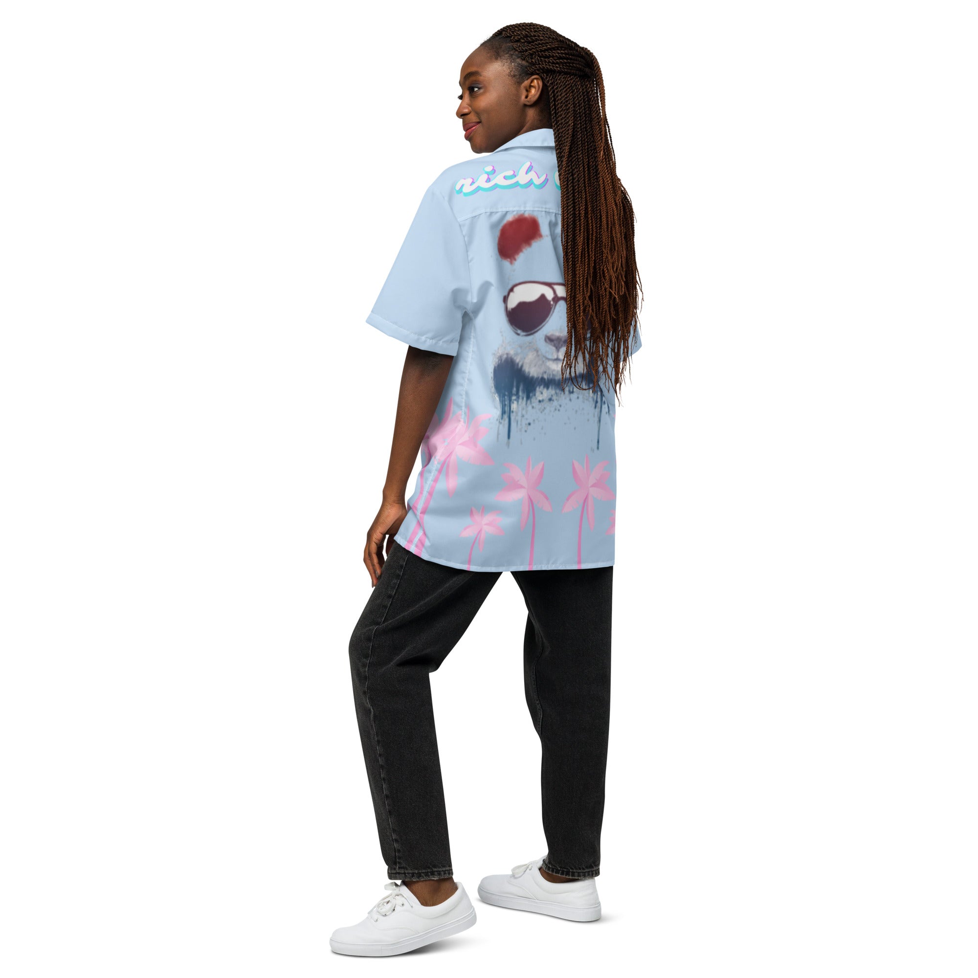 Rich Vibes Tropical Baby Blue Palms Jungle Panda - Unisex button shirt w/ white button