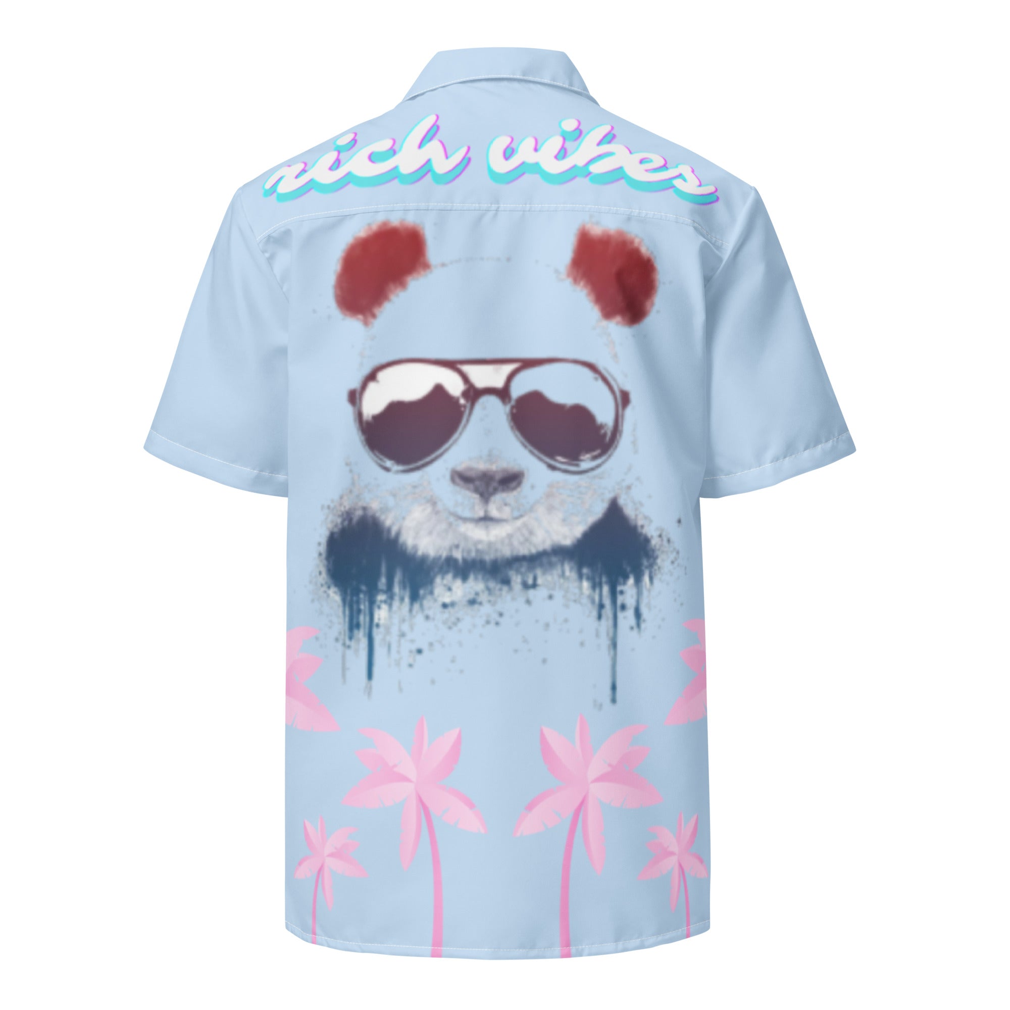 Rich Vibes Tropical Baby Blue Palms Jungle Panda - Unisex button shirt w/ white button
