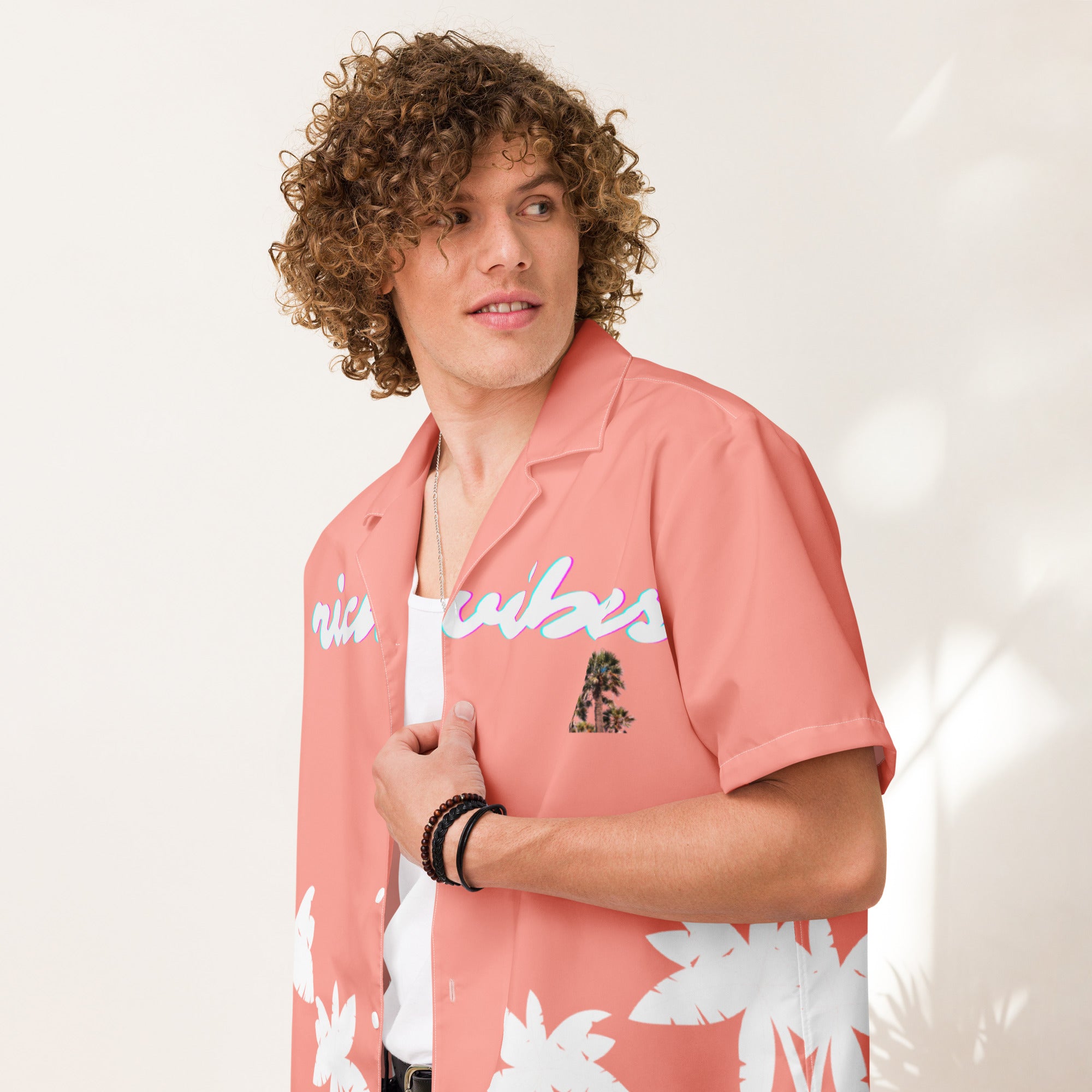 Rich Vibes Tropical Peach White Palms Jungle Tiger - Unisex button shirt