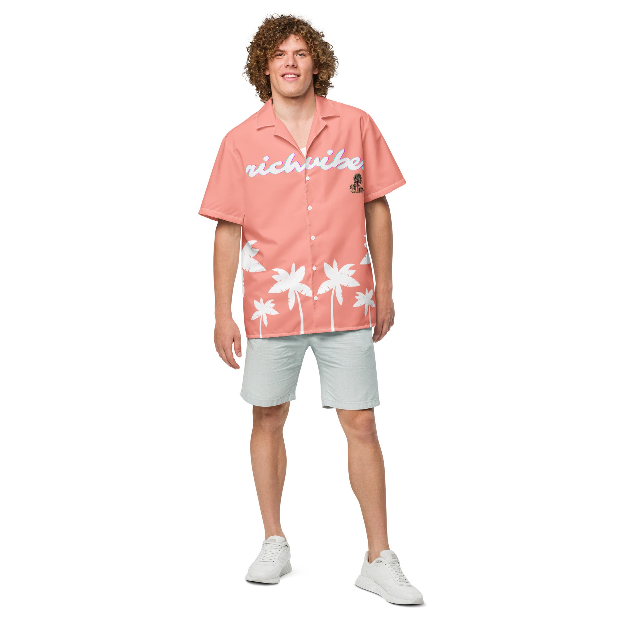 Rich Vibes Tropical Peach White Palms Jungle Tiger - Unisex button shirt