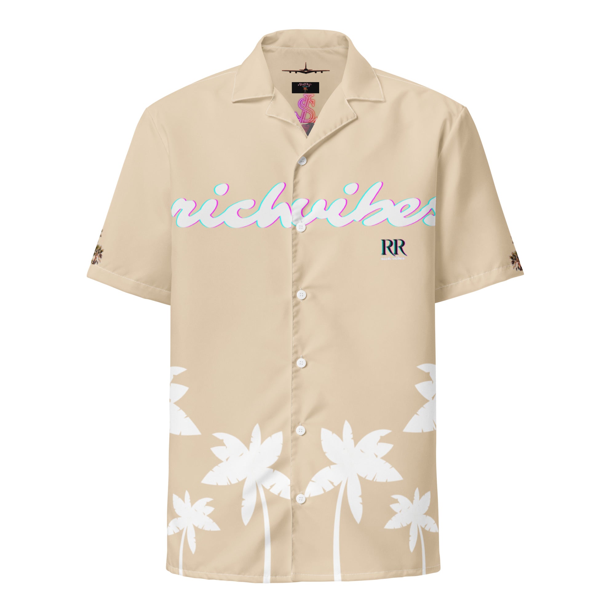 Rich Vibes Tropical Khaki&White Palms Jungle Tiger - Unisex button shirt w/ white button