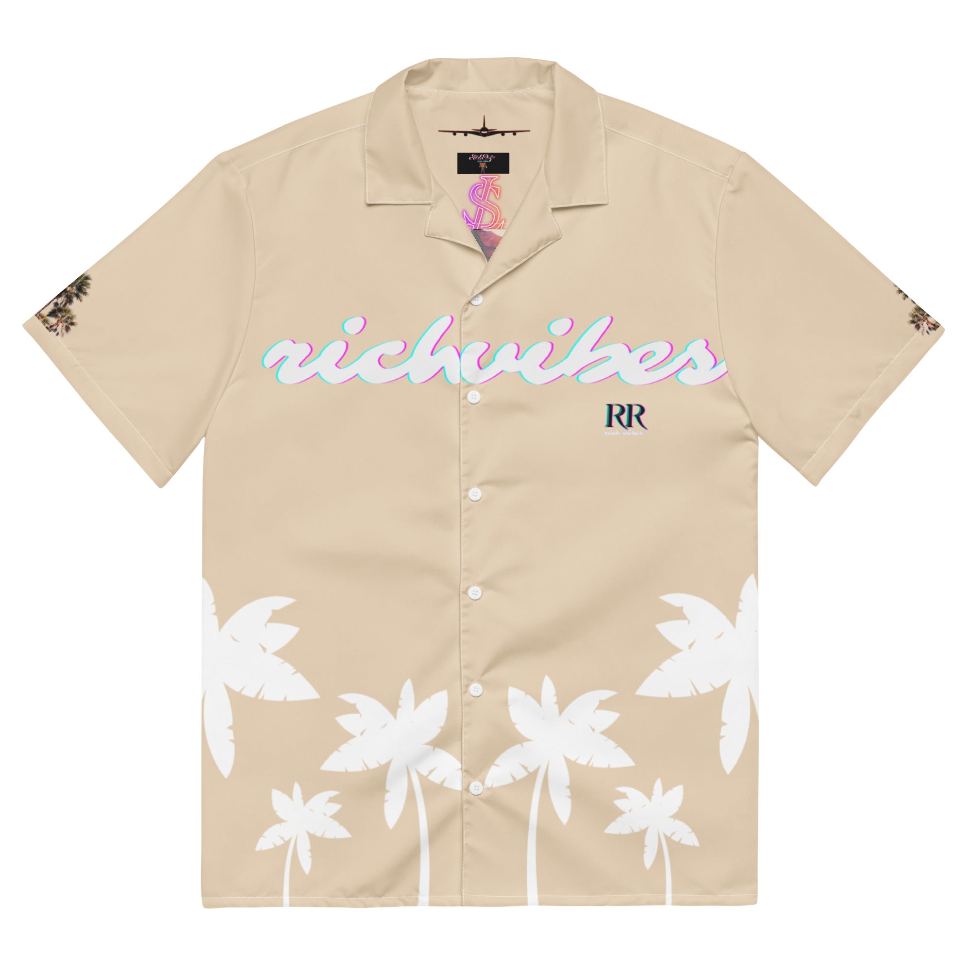 Rich Vibes Tropical Khaki&White Palms Jungle Tiger - Unisex button shirt w/ white button