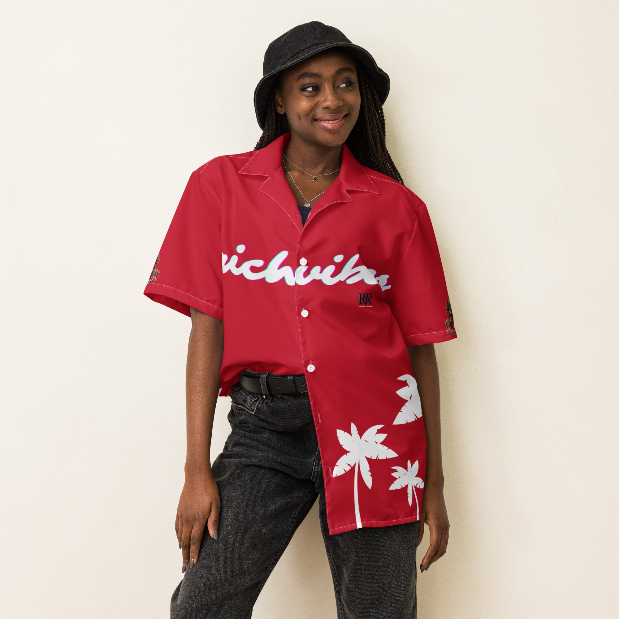 Rich Vibes Tropical Royal Red&White Palms Jungle Tiger - Unisex button shirt w/ white button