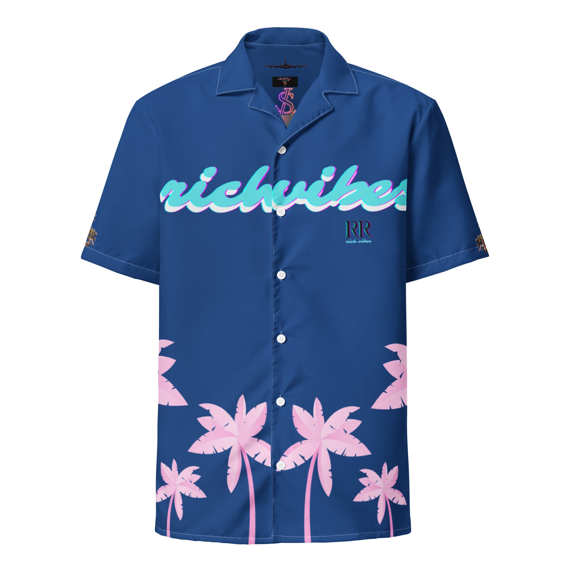 Rich Vibes Tropical Royal Blue Palms Jungle Tiger - Unisex button shirt w/ white button
