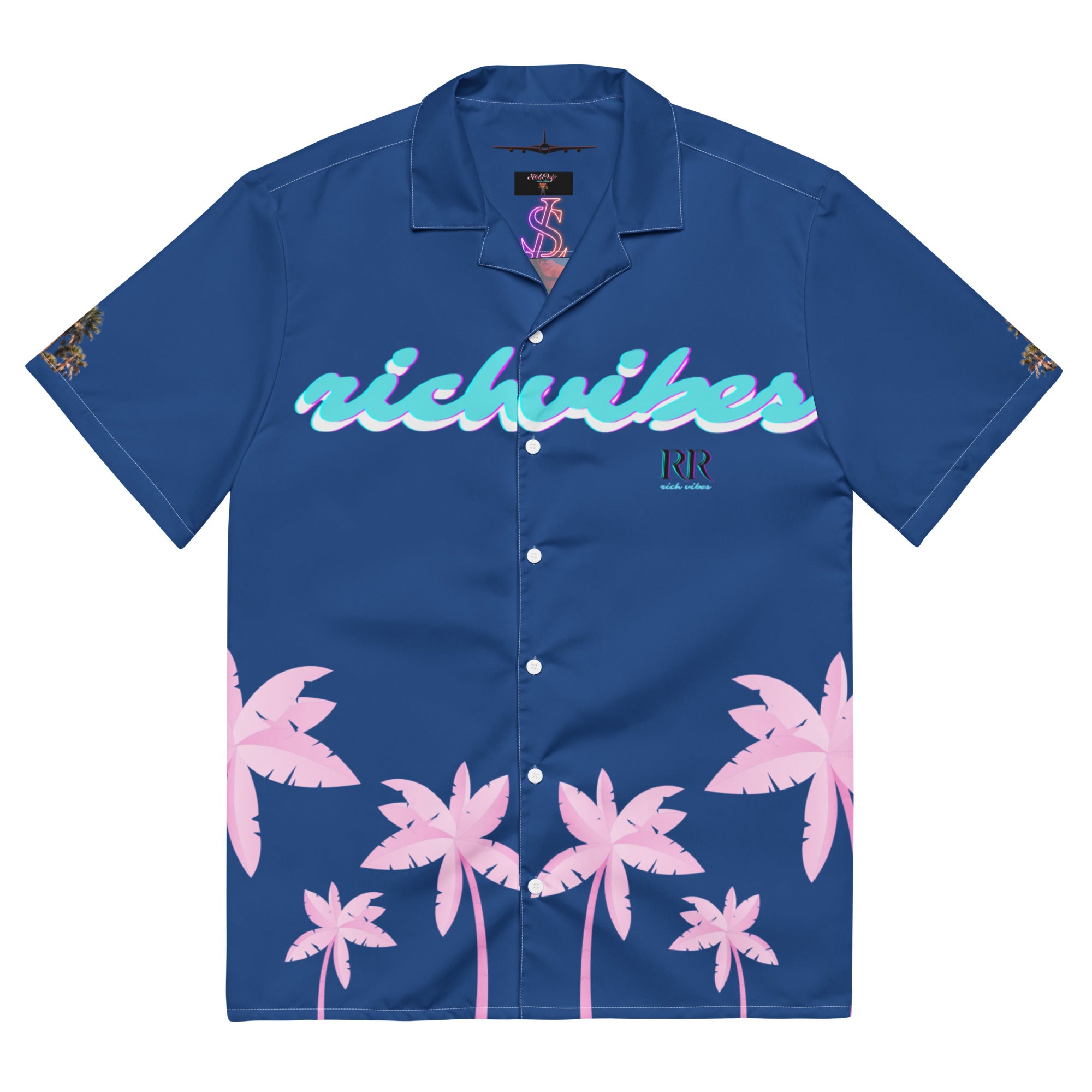 Rich Vibes Tropical Royal Blue Palms Jungle Tiger - Unisex button shirt w/ white button
