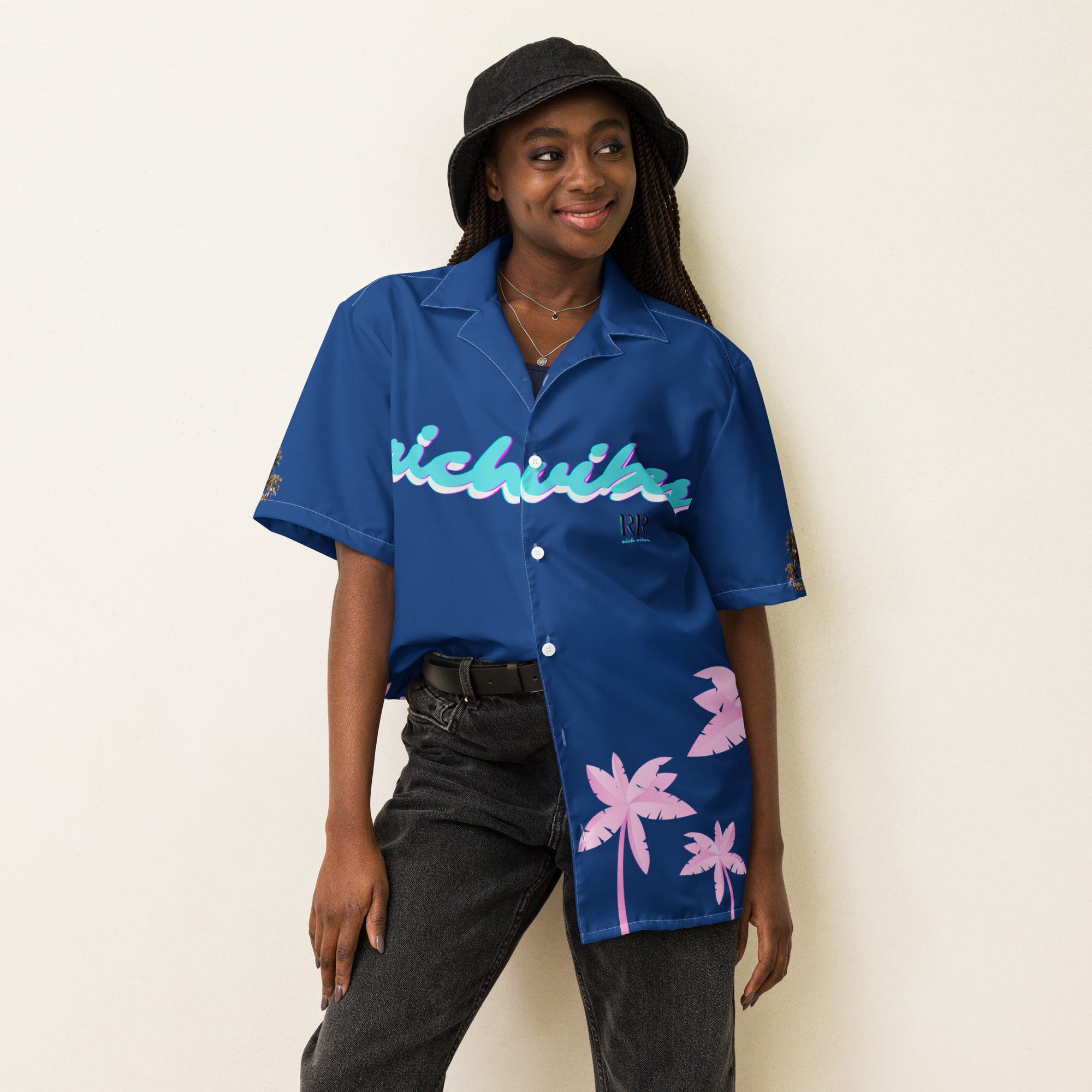 Rich Vibes Tropical Royal Blue Palms Jungle Tiger - Unisex button shirt w/ white button