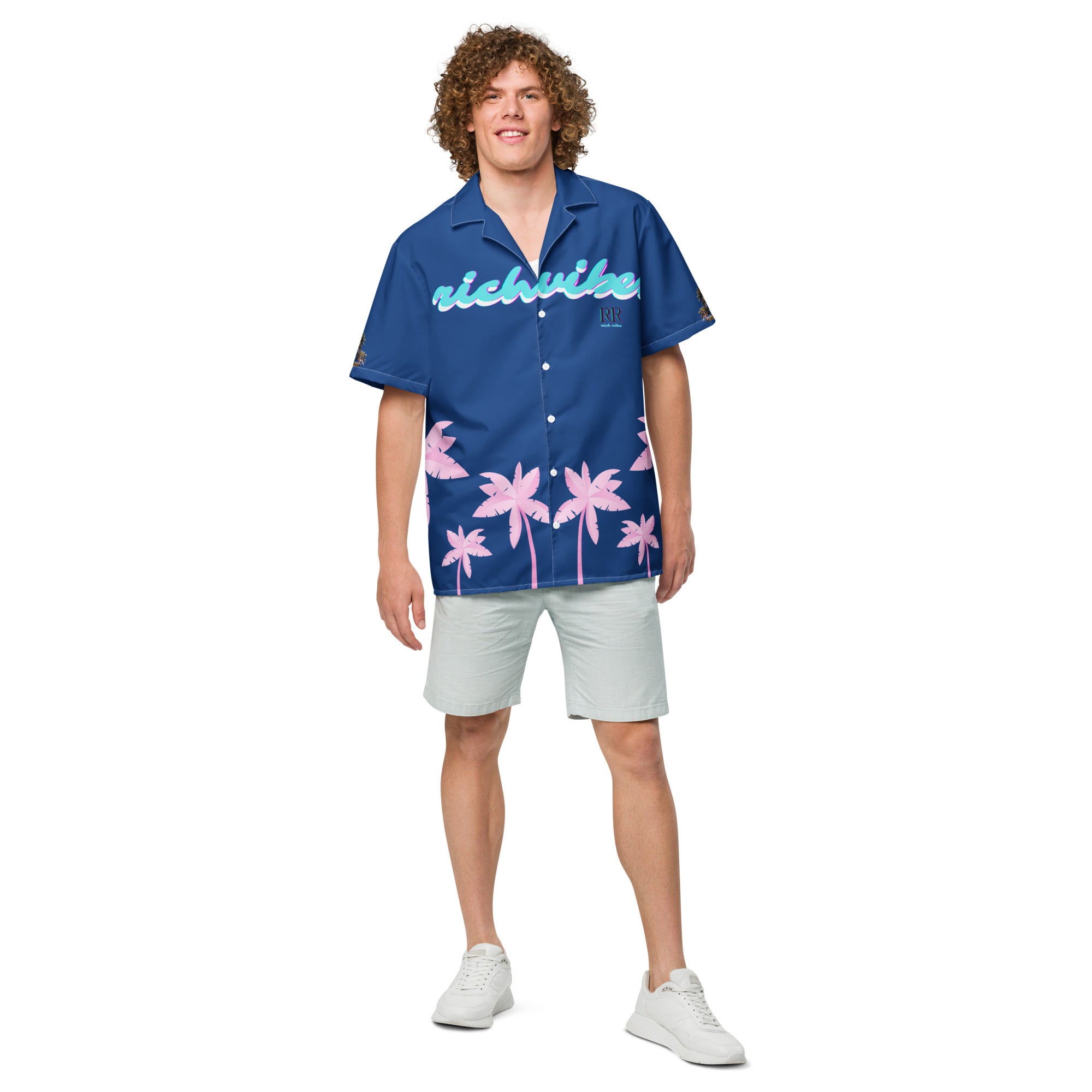 Rich Vibes Tropical Royal Blue Palms Jungle Tiger - Unisex button shirt w/ white button