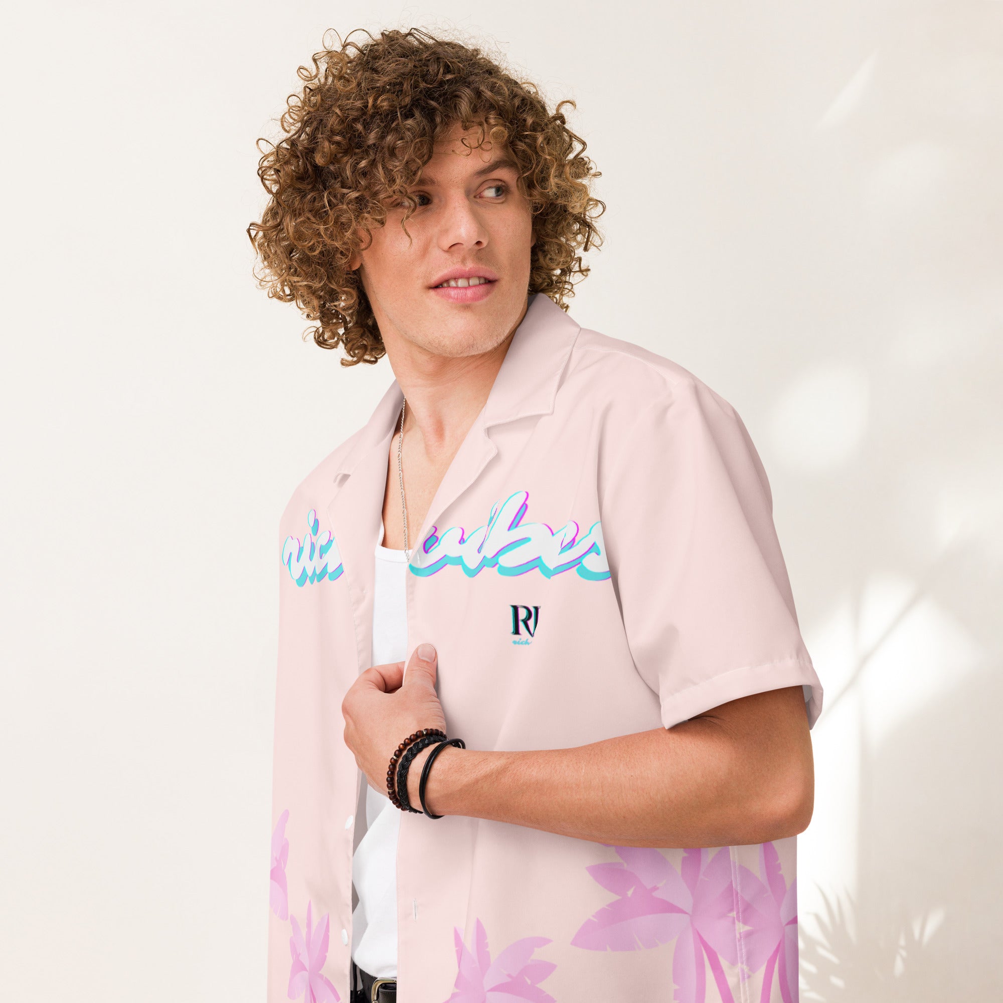 Rich Vibes Tropical Pink Palms Jungle Panda - Unisex button shirt w/ white button