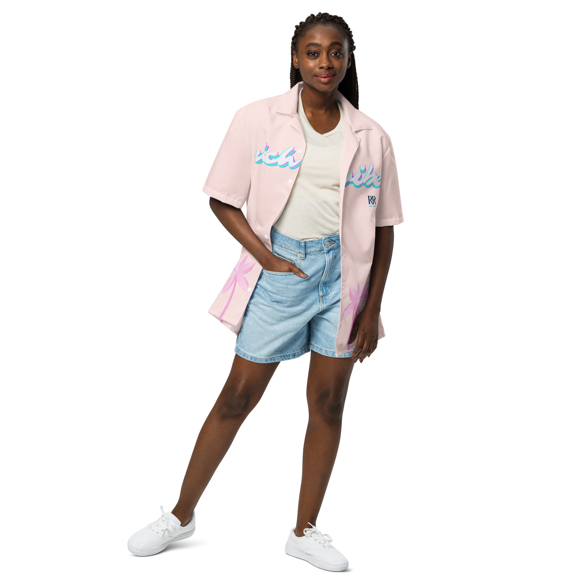 Rich Vibes Tropical Pink Palms Jungle Panda - Unisex button shirt w/ white button