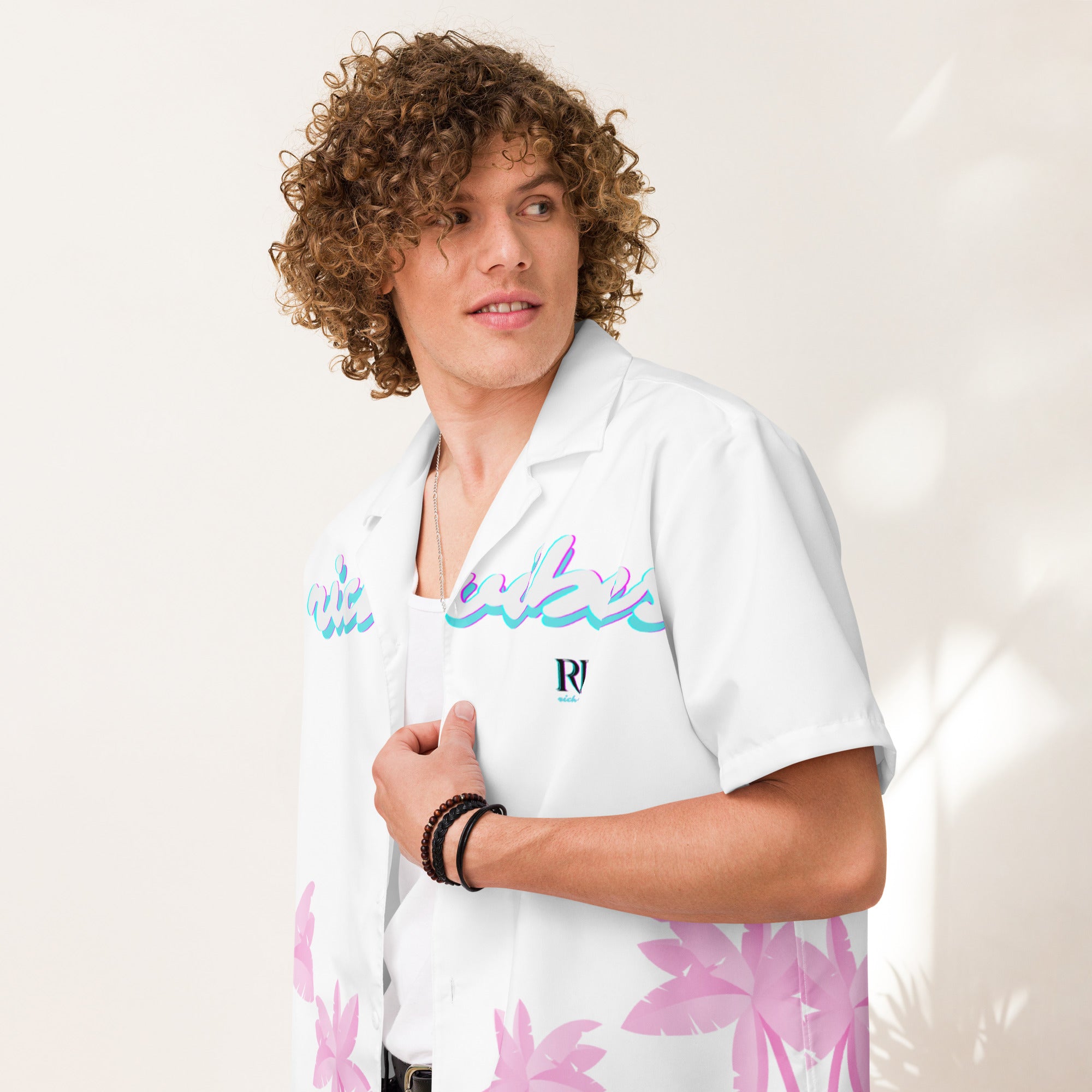 Rich Vibes Tropical White Palms Jungle Panda - Unisex button shirt w/ white button