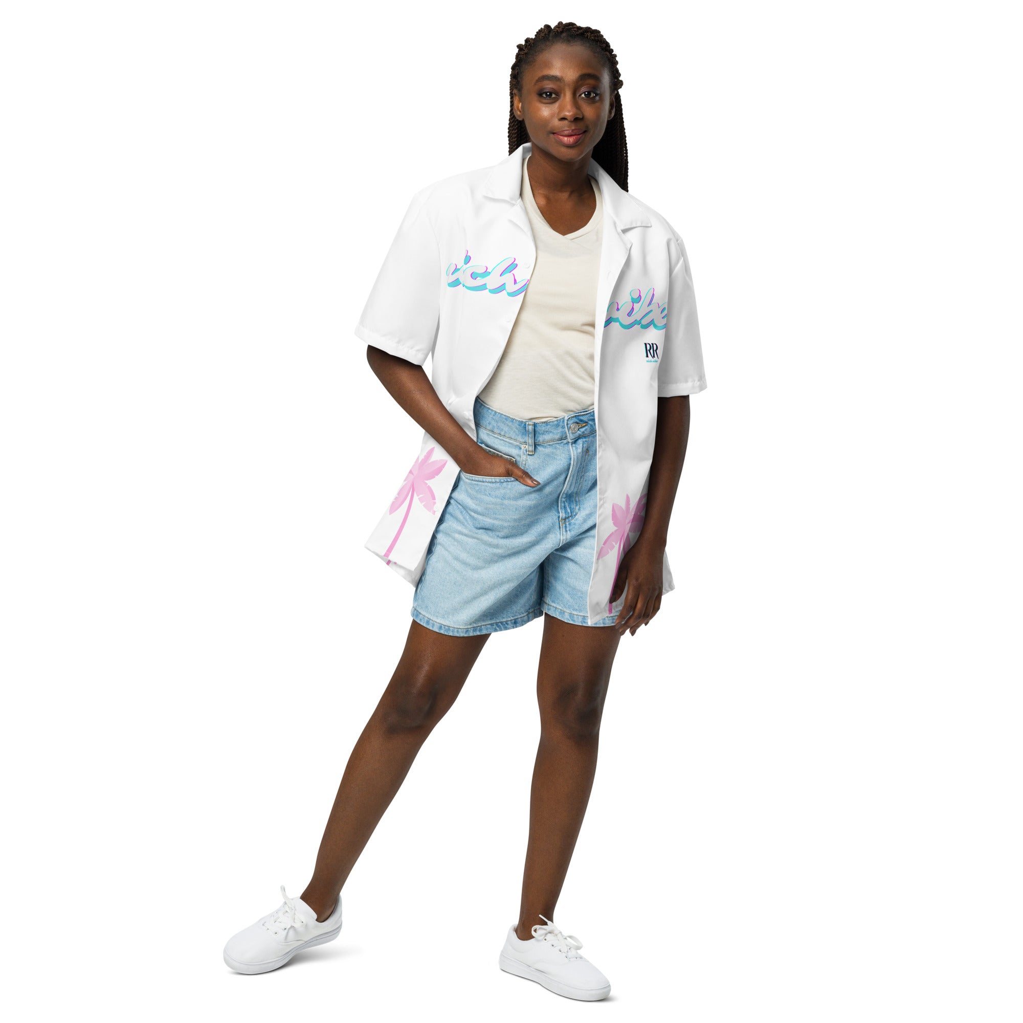 Rich Vibes Tropical White Palms Jungle Panda - Unisex button shirt w/ white button