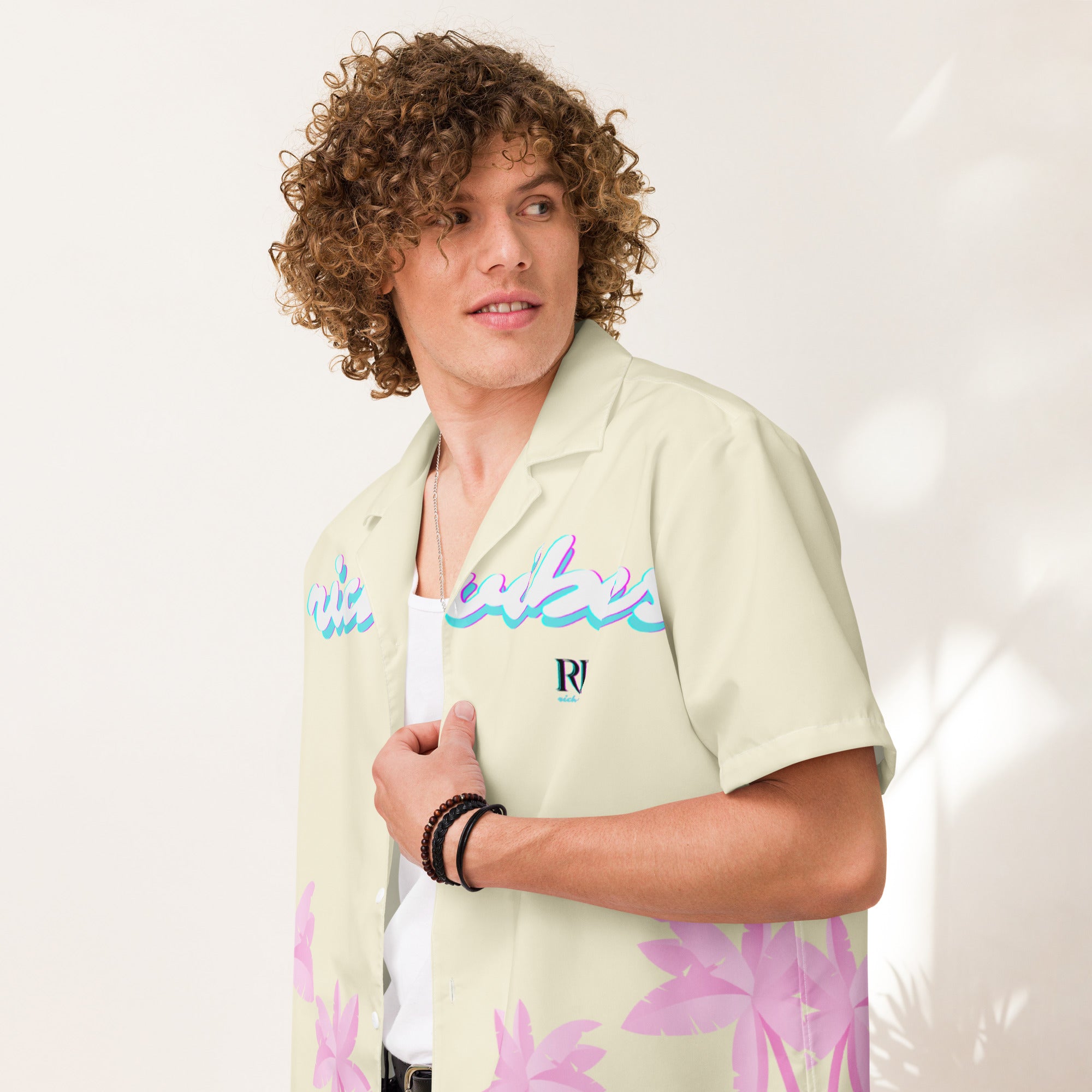 Rich Vibes Tropical Apricot White Palms Jungle Panda - Unisex button shirt w/ white button