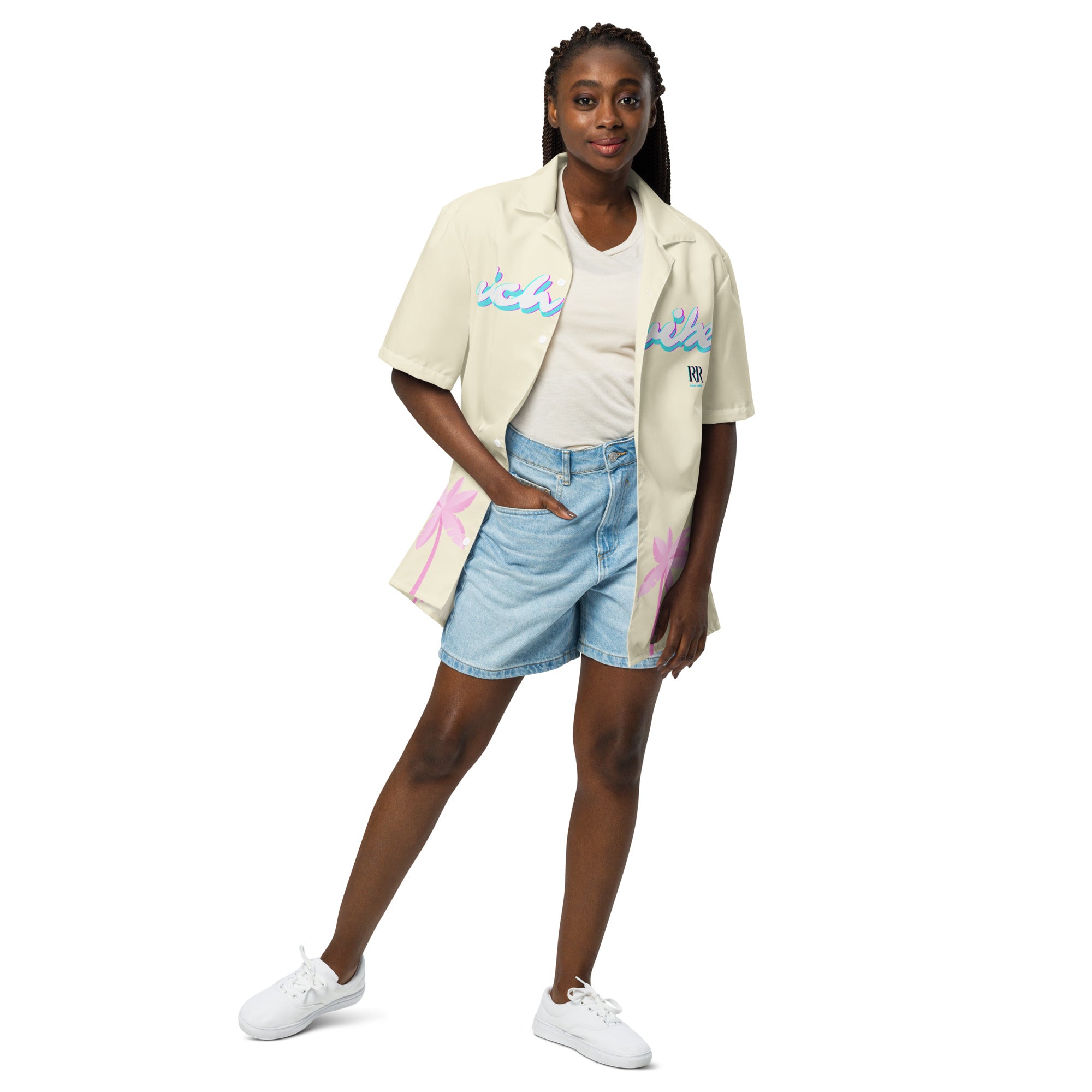 Rich Vibes Tropical Apricot White Palms Jungle Panda - Unisex button shirt w/ white button