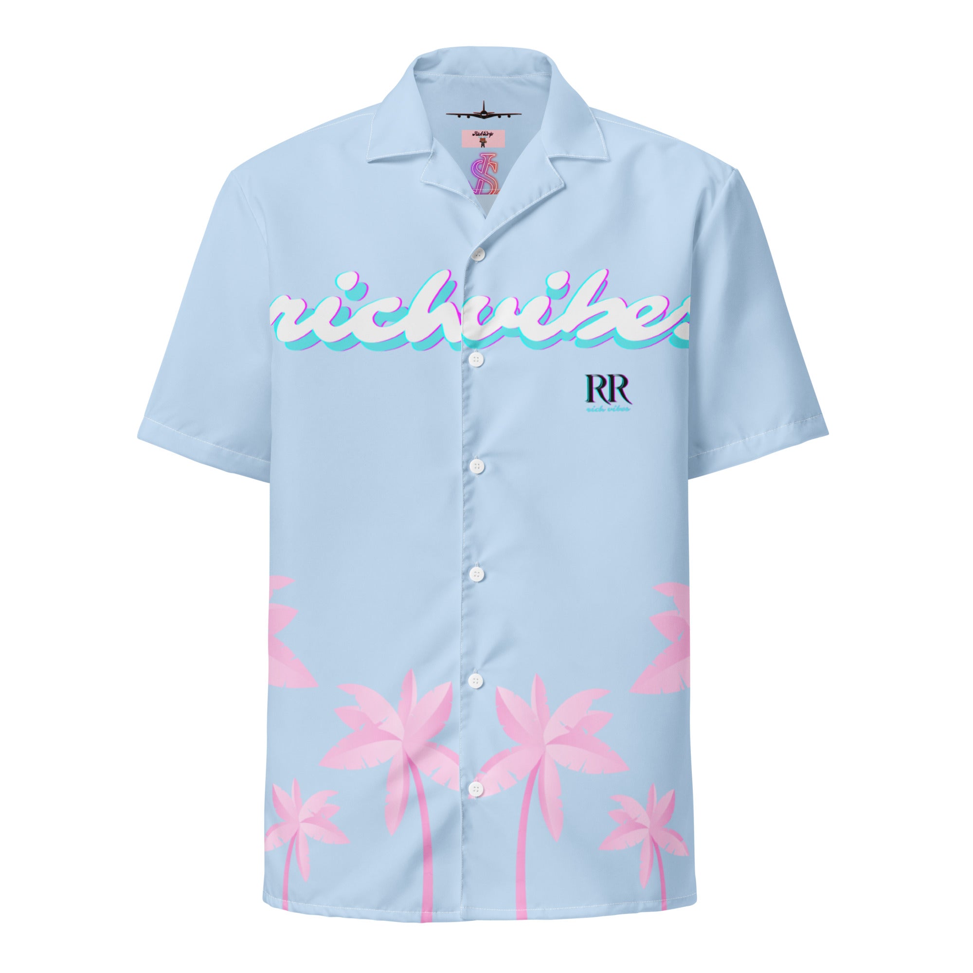 Rich Vibes Tropical Baby Blue Palms Jungle Panda - Unisex button shirt w/ white button