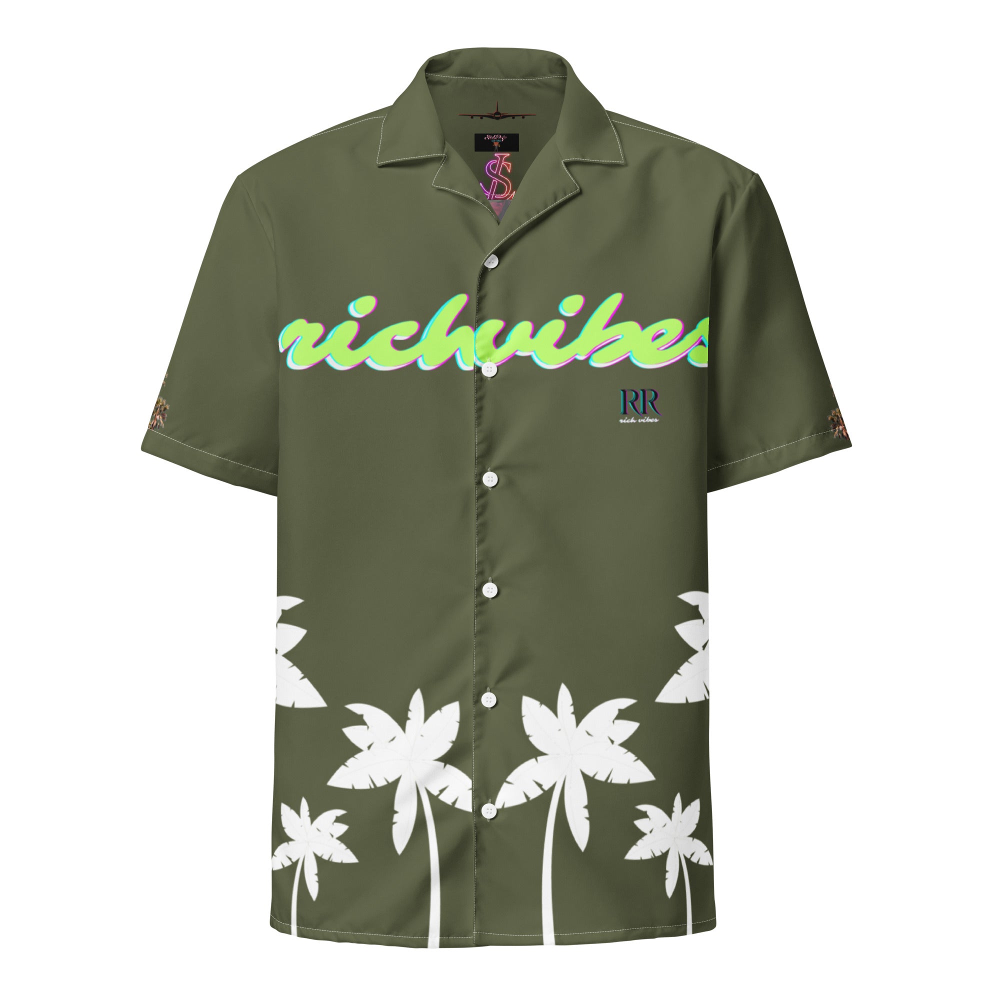 Rich Vibes Tropical Saratoga Green&White Palms Jungle Tiger - Unisex button shirt w/ white button