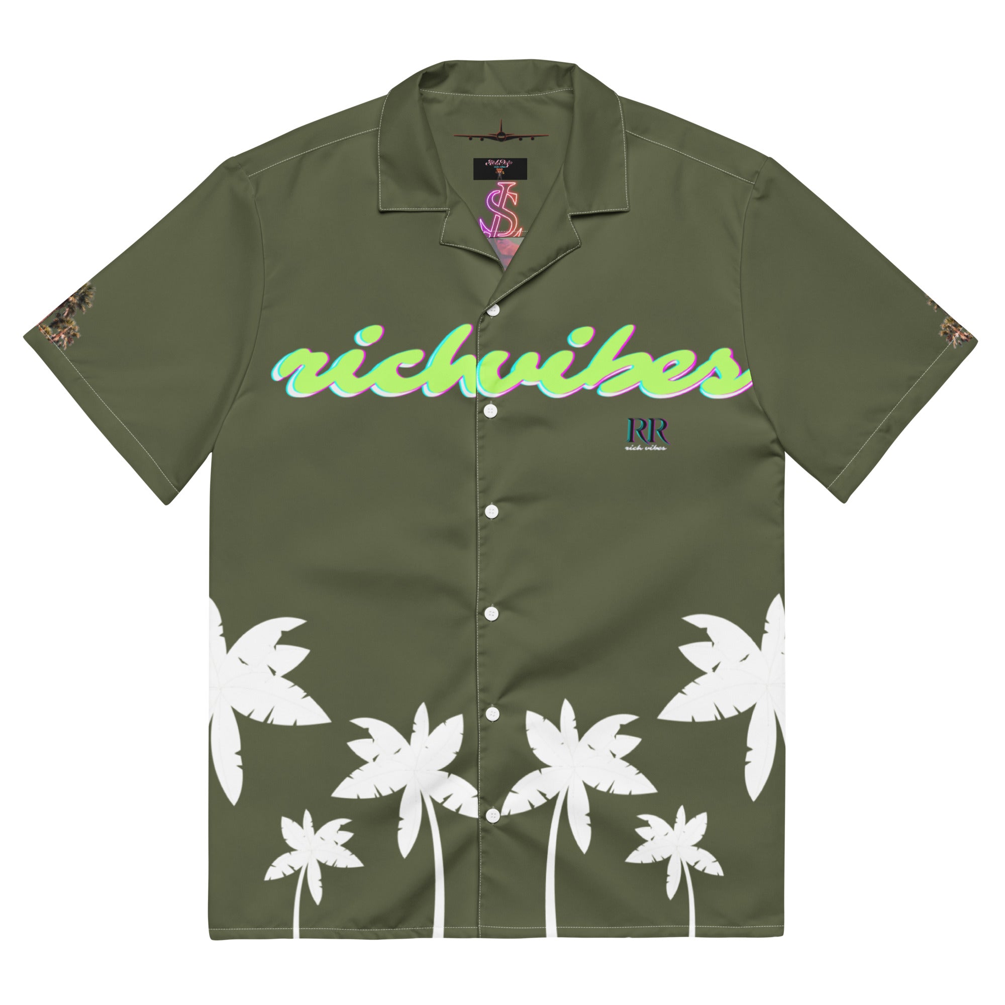 Rich Vibes Tropical Saratoga Green&White Palms Jungle Tiger - Unisex button shirt w/ white button