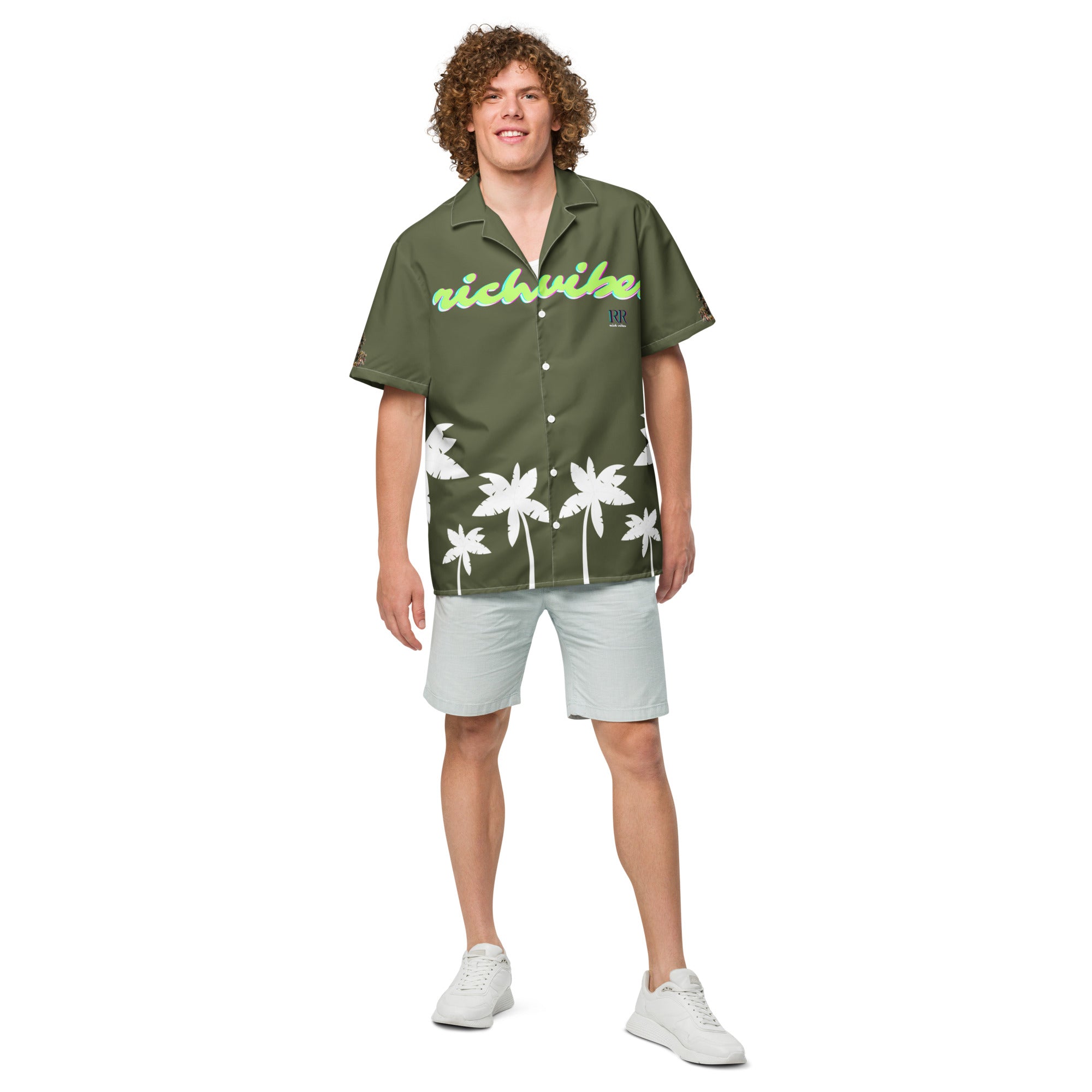 Rich Vibes Tropical Saratoga Green&White Palms Jungle Tiger - Unisex button shirt w/ white button