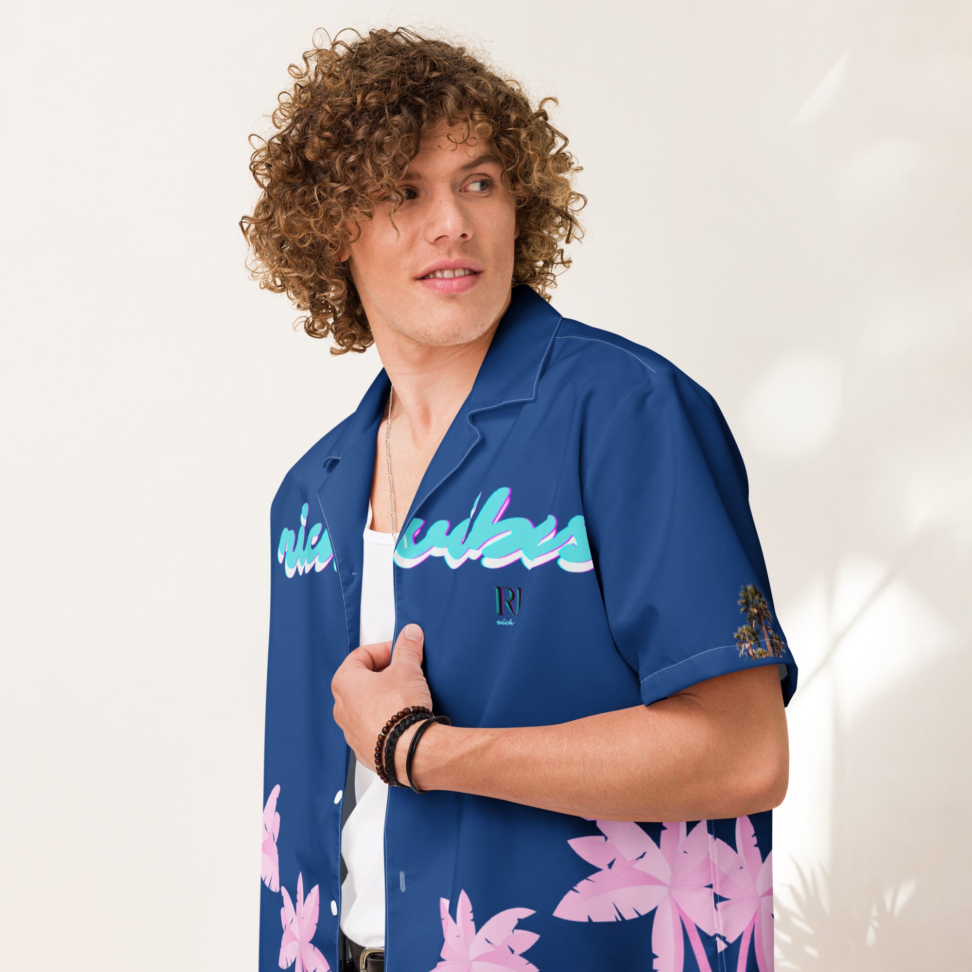 Rich Vibes Tropical Royal Blue Palms Jungle Tiger - Unisex button shirt w/ white button