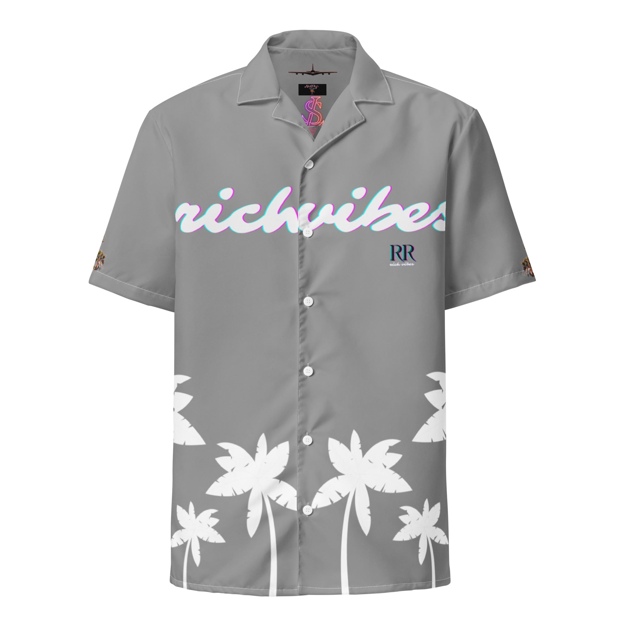 Rich Vibes Tropical Grey&White Palms Jungle Tiger - Unisex button shirt w/ white button