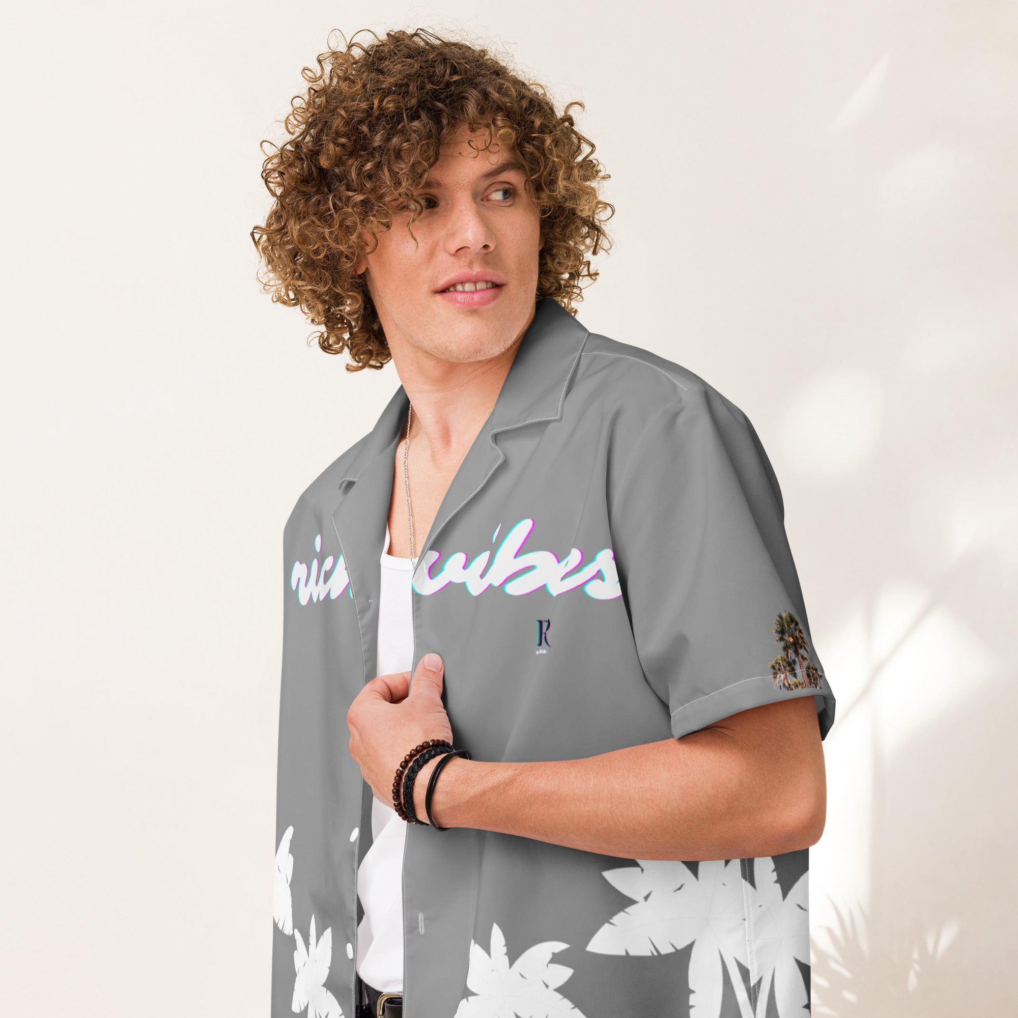 Rich Vibes Tropical Grey&White Palms Jungle Tiger - Unisex button shirt w/ white button