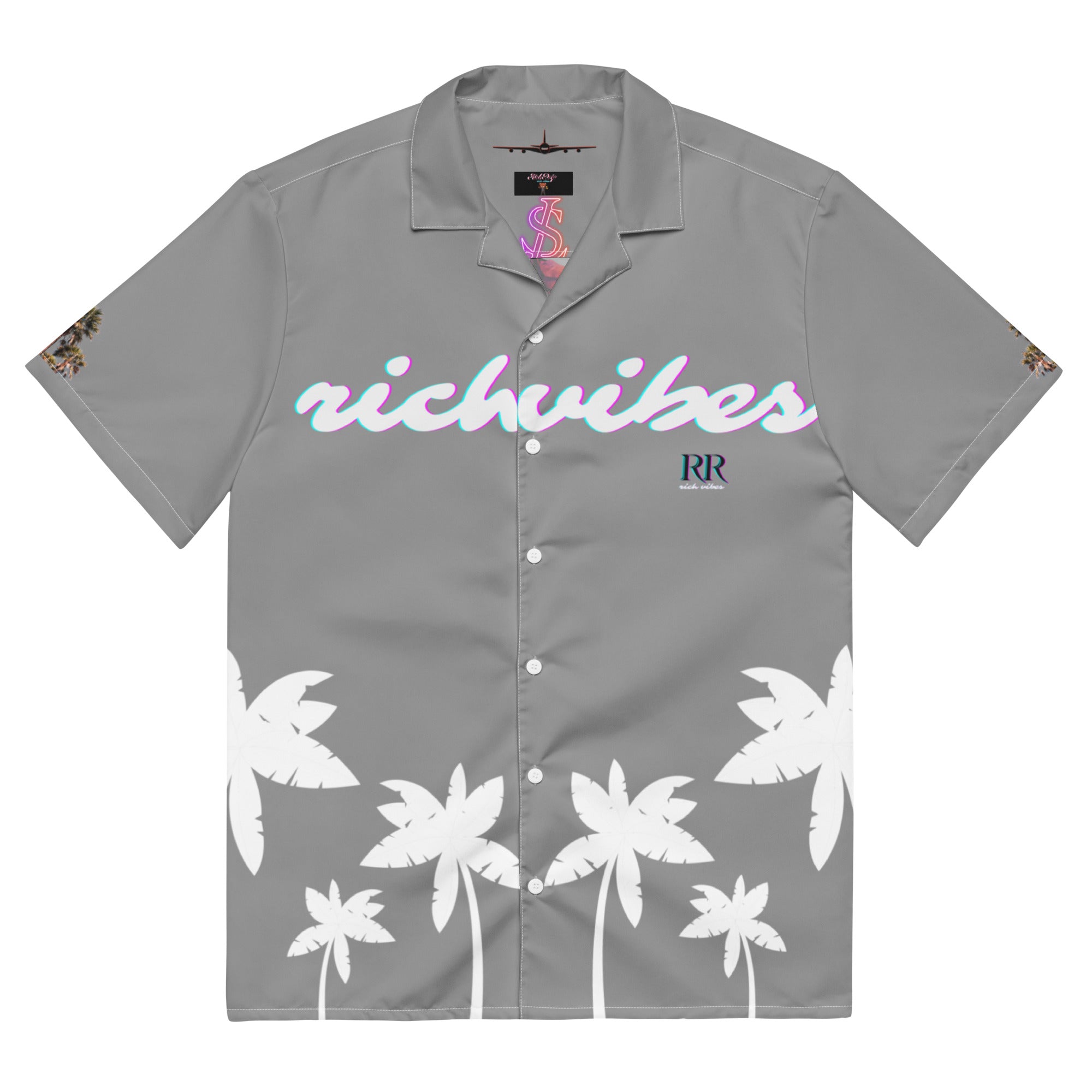 Rich Vibes Tropical Grey&White Palms Jungle Tiger - Unisex button shirt w/ white button