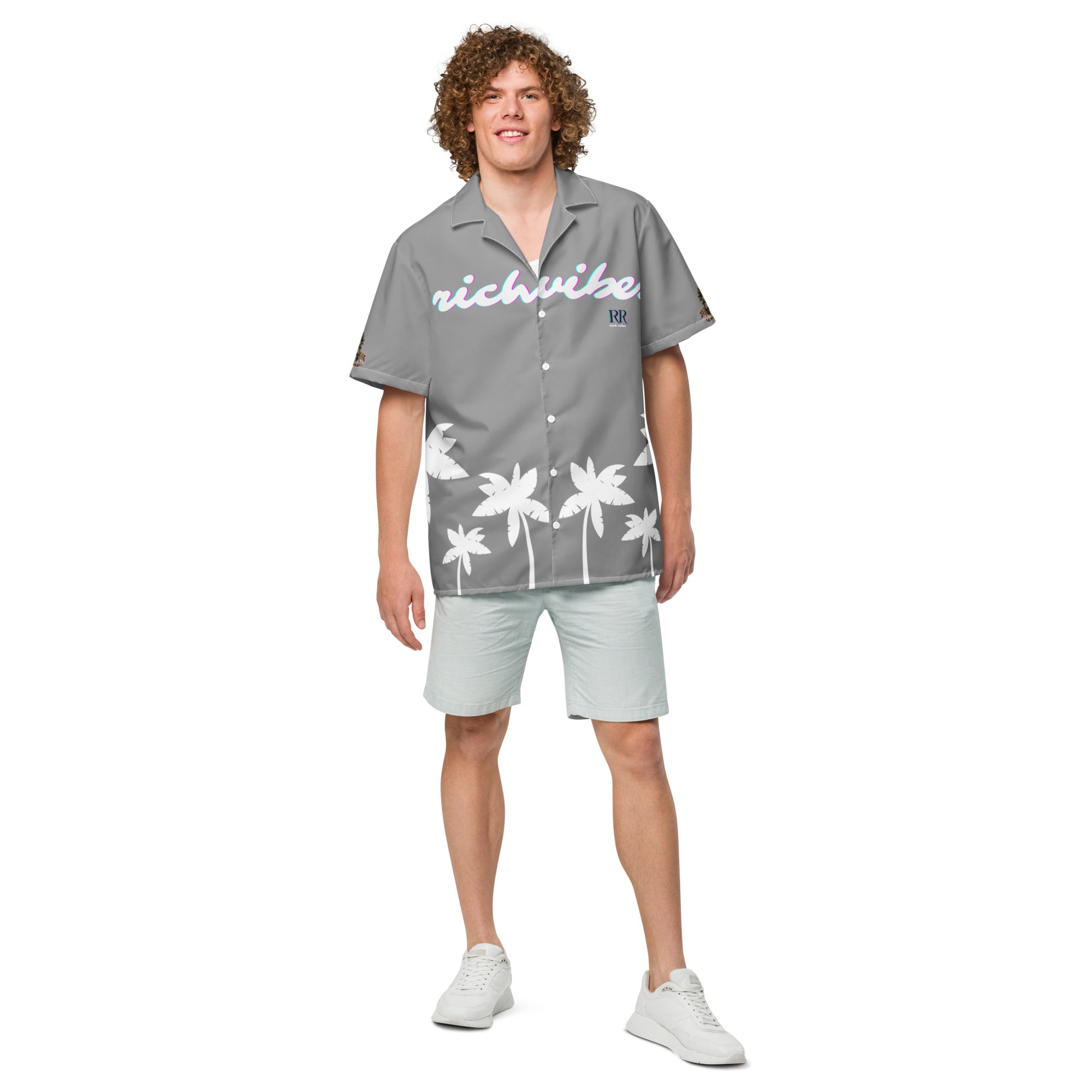 Rich Vibes Tropical Grey&White Palms Jungle Tiger - Unisex button shirt w/ white button