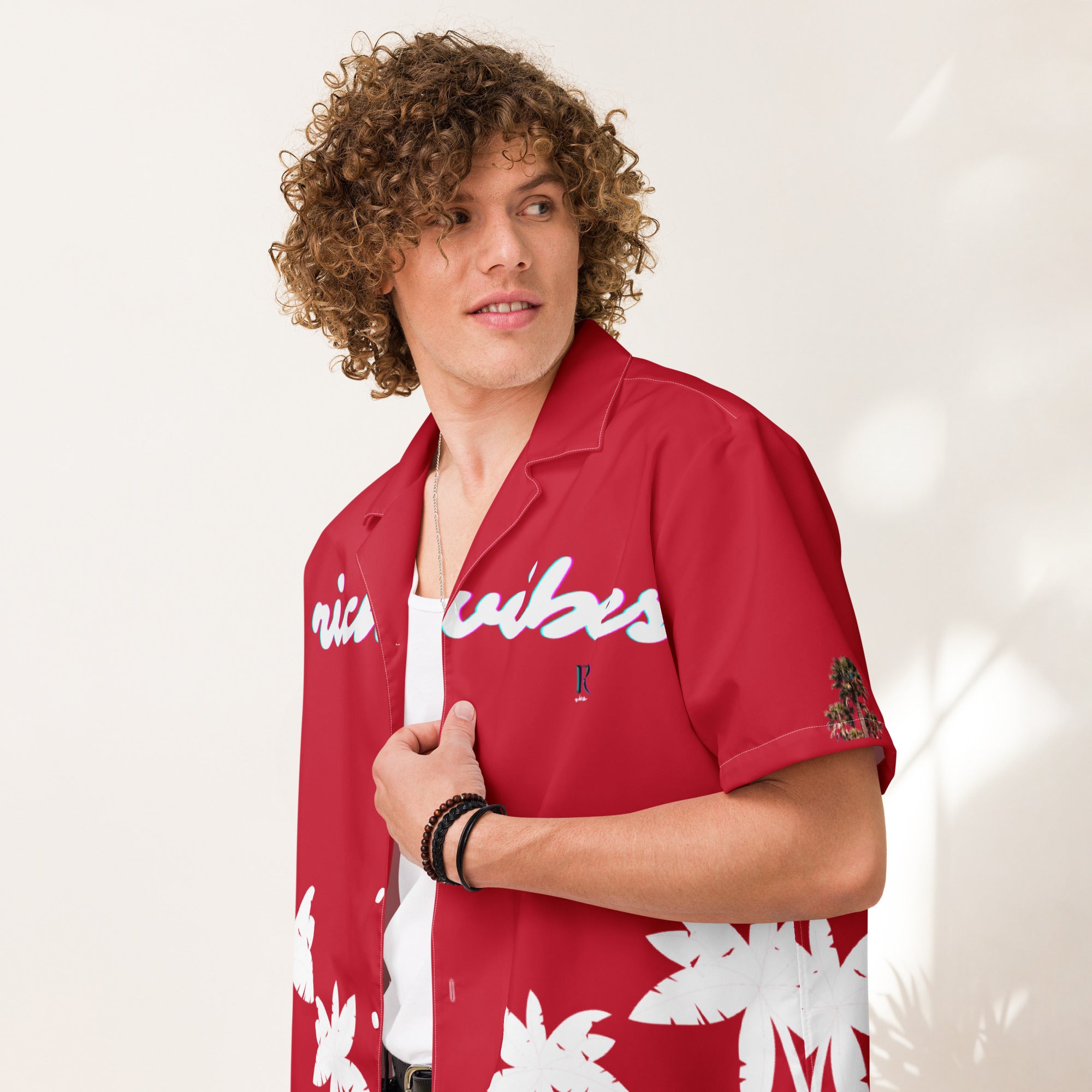 Rich Vibes Tropical Royal Red&White Palms Jungle Tiger - Unisex button shirt w/ white button