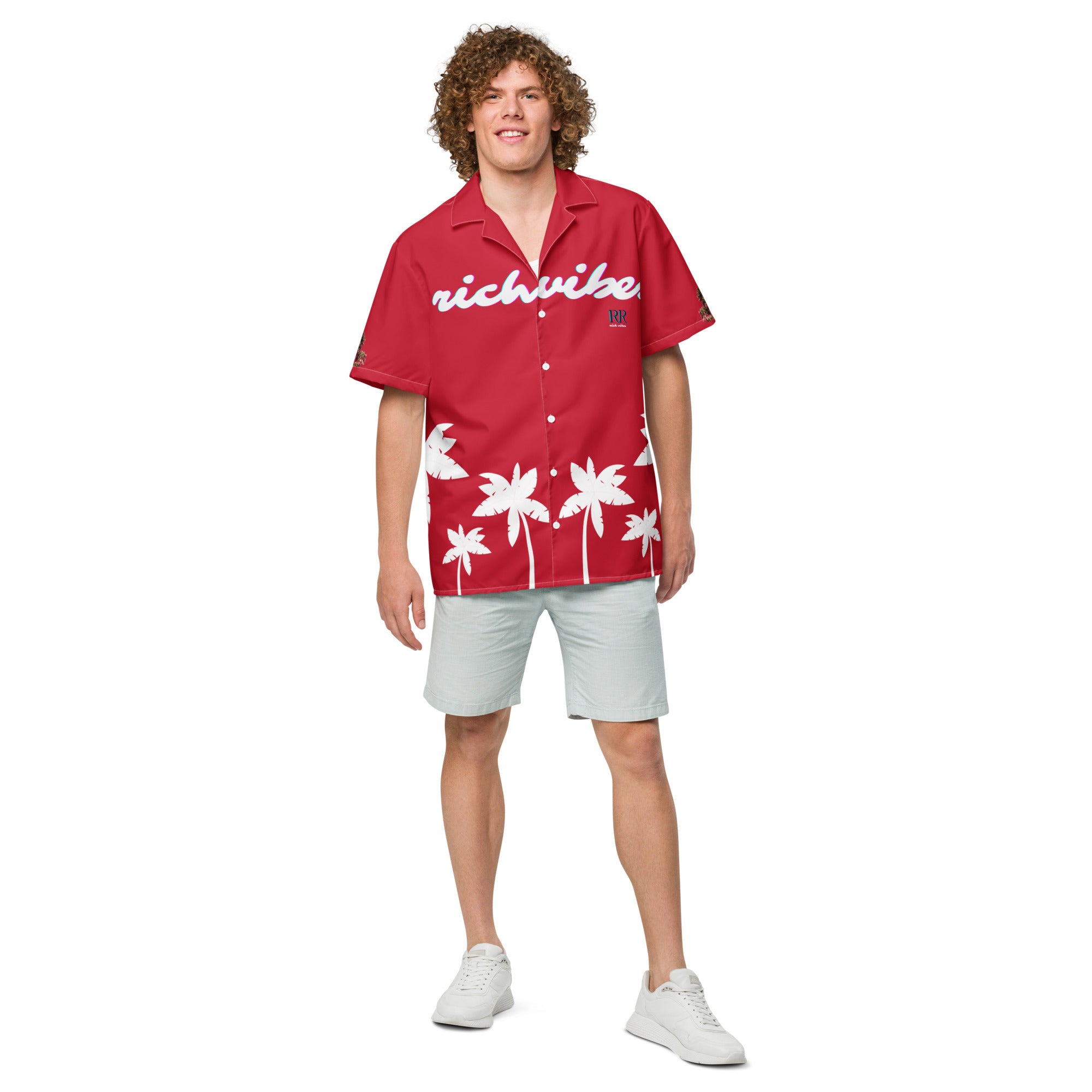 Rich Vibes Tropical Royal Red&White Palms Jungle Tiger - Unisex button shirt w/ white button