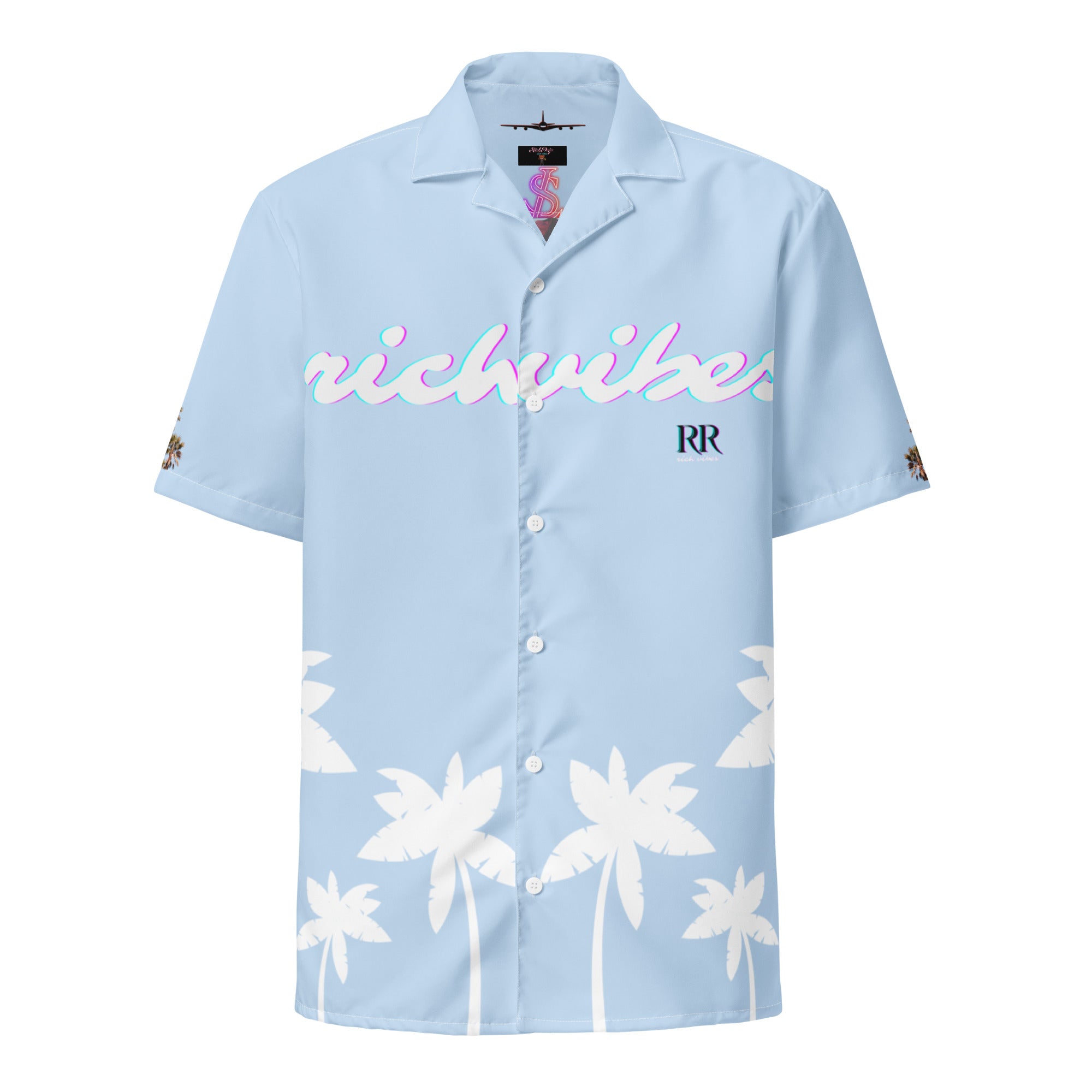 Rich Vibes Tropical Sky Blue&White Palms Jungle Tiger - Unisex button shirt w/ white button