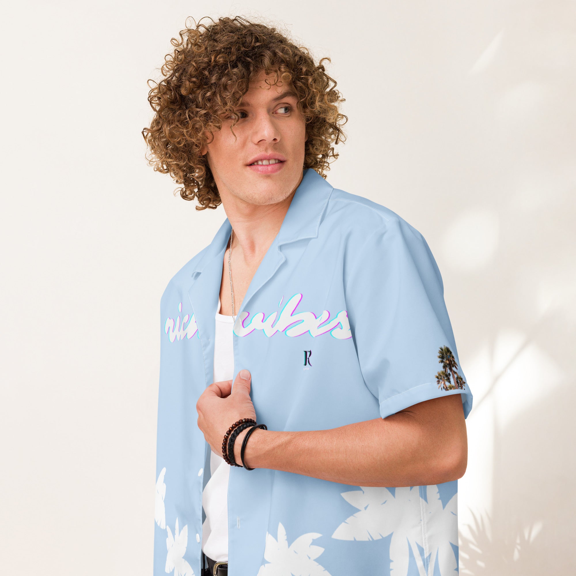 Rich Vibes Tropical Sky Blue&White Palms Jungle Tiger - Unisex button shirt w/ white button