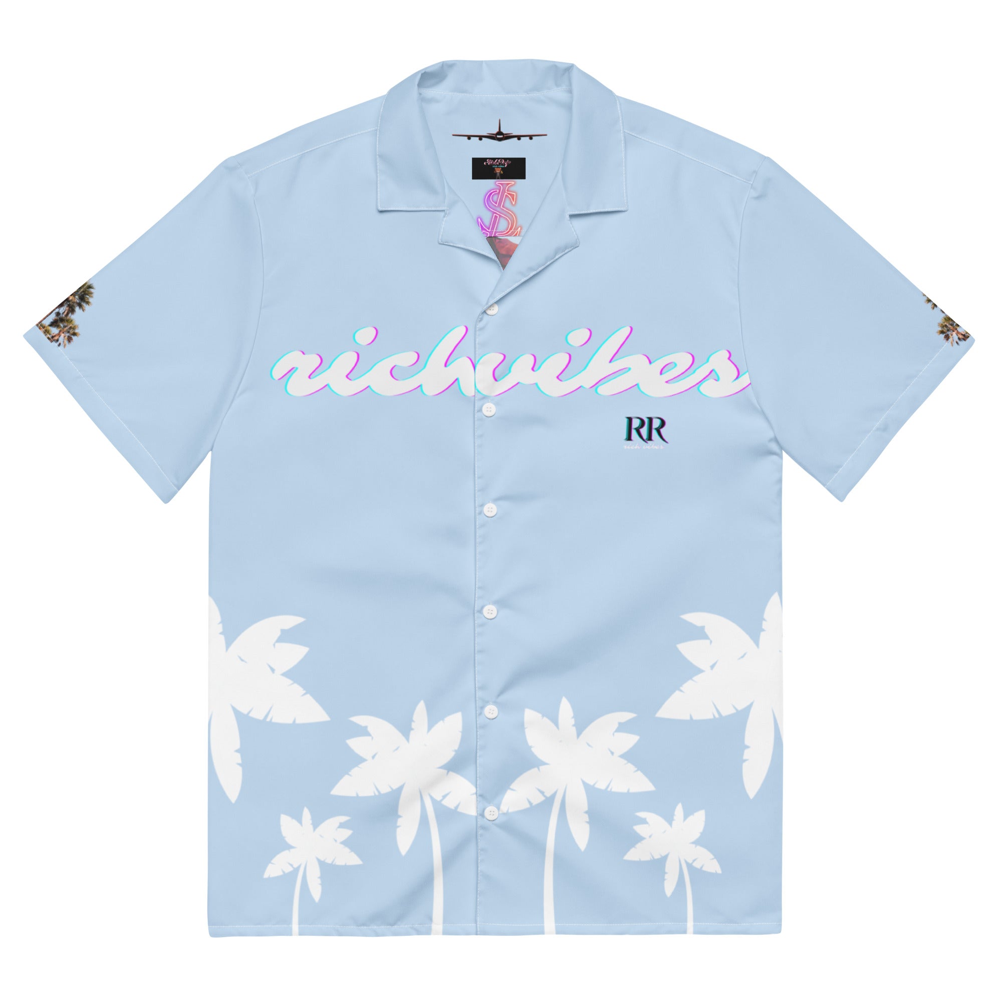 Rich Vibes Tropical Sky Blue&White Palms Jungle Tiger - Unisex button shirt w/ white button