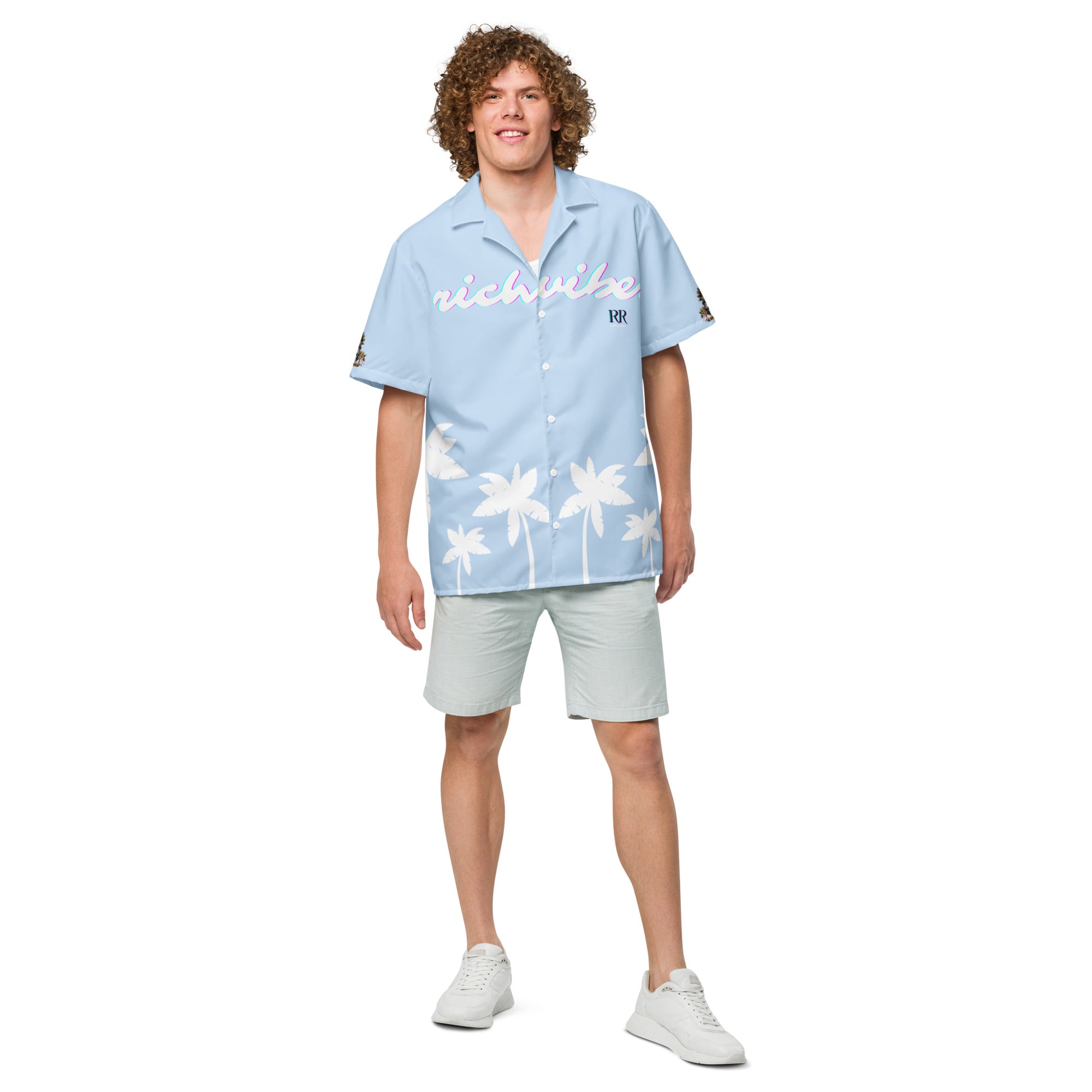 Rich Vibes Tropical Sky Blue&White Palms Jungle Tiger - Unisex button shirt w/ white button