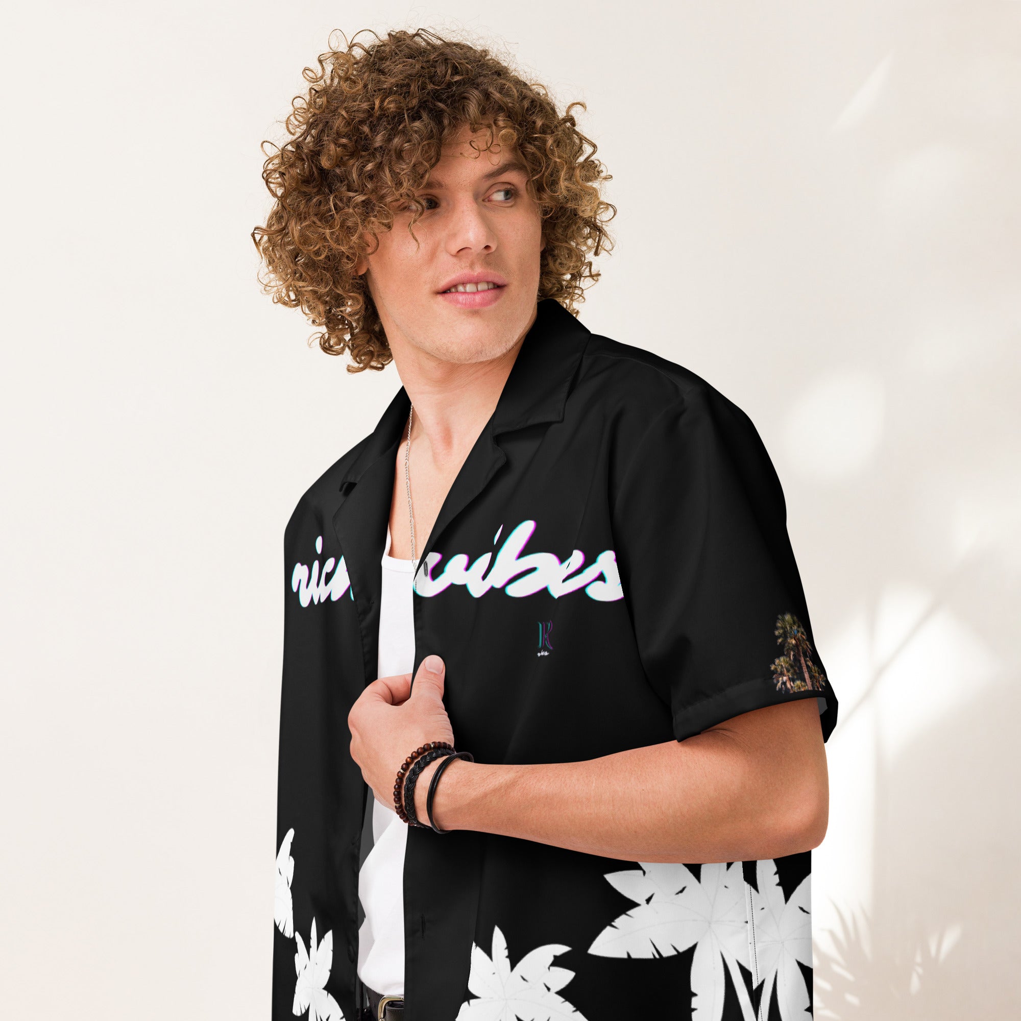 Rich Vibes RR Tropical Black&White Palms Jungle Tiger - Unisex button shirt w/ black button