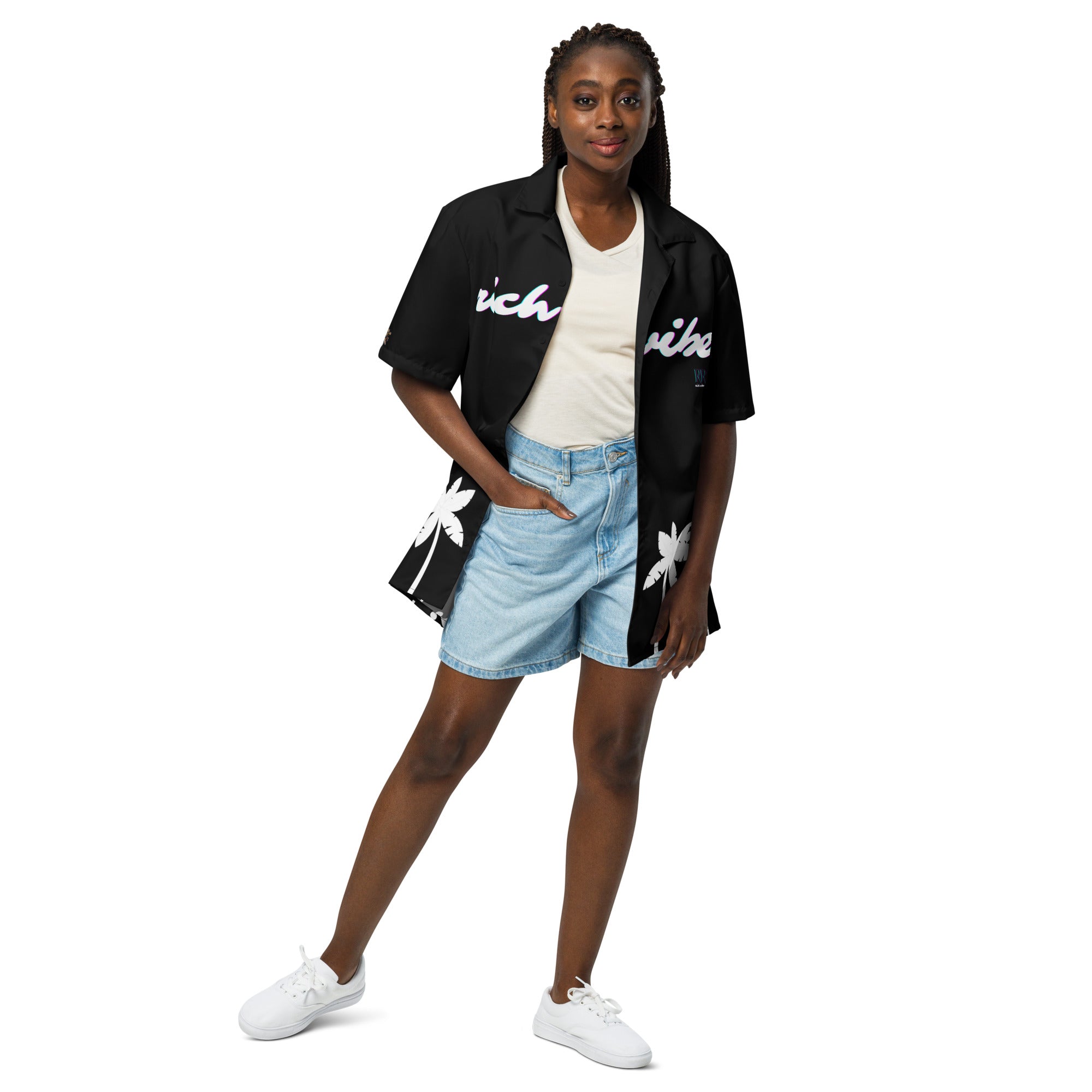 Rich Vibes RR Tropical Black&White Palms Jungle Tiger - Unisex button shirt w/ black button