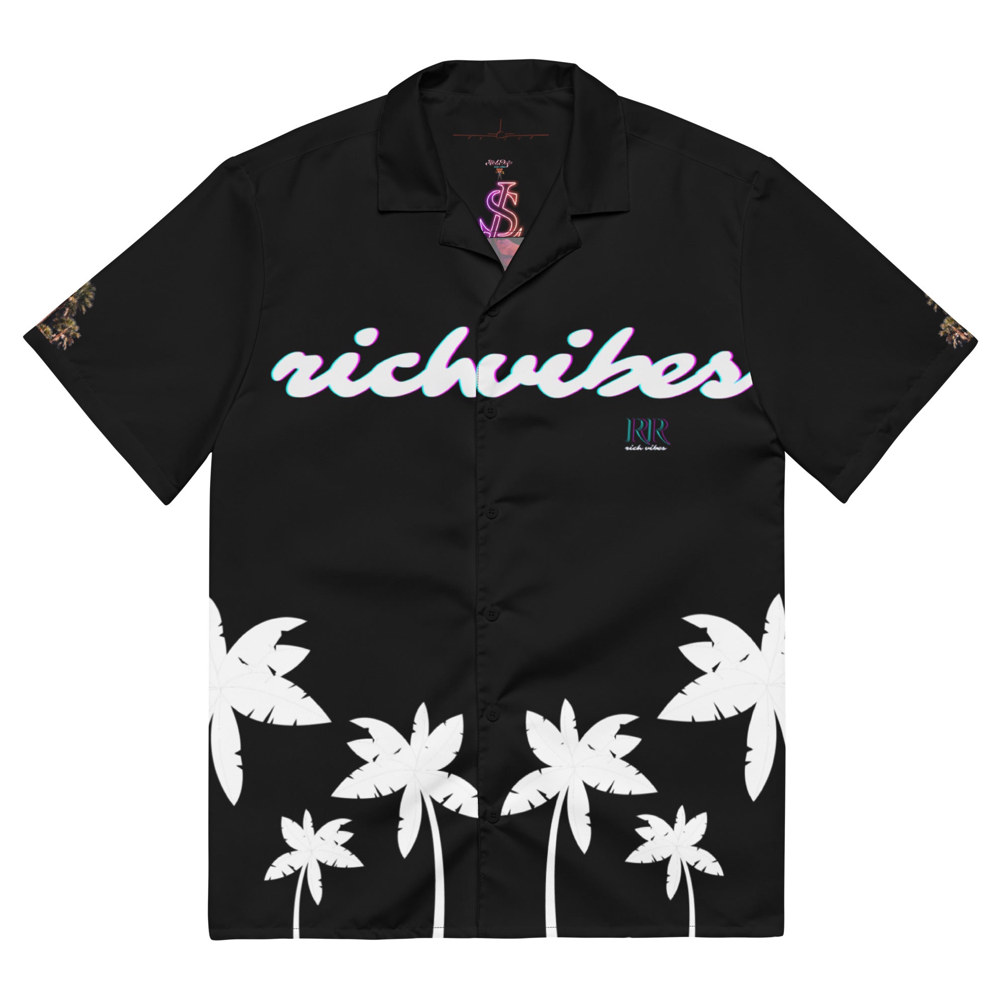 Rich Vibes RR Tropical Black&White Palms Jungle Tiger - Unisex button shirt w/ black button