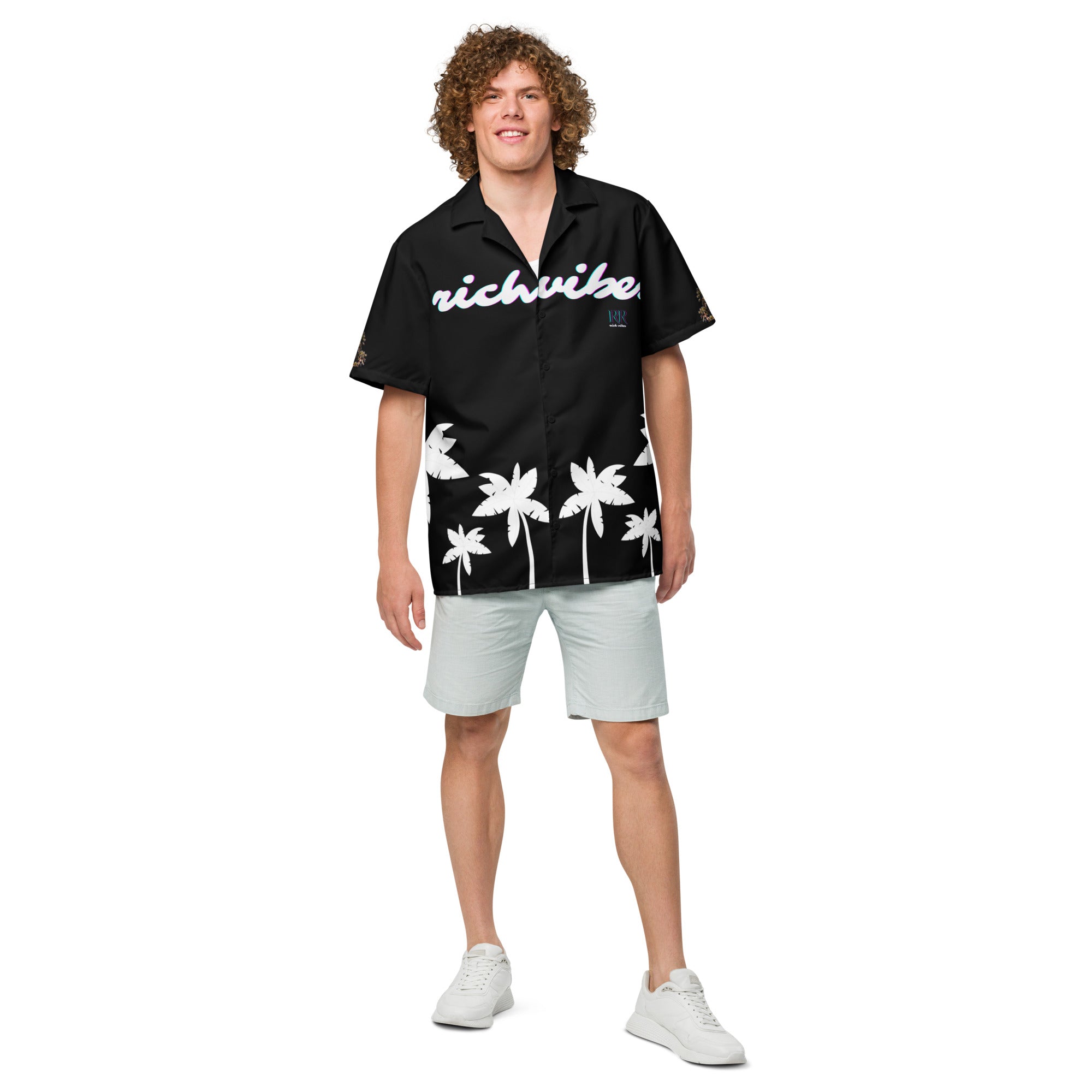Rich Vibes RR Tropical Black&White Palms Jungle Tiger - Unisex button shirt w/ black button